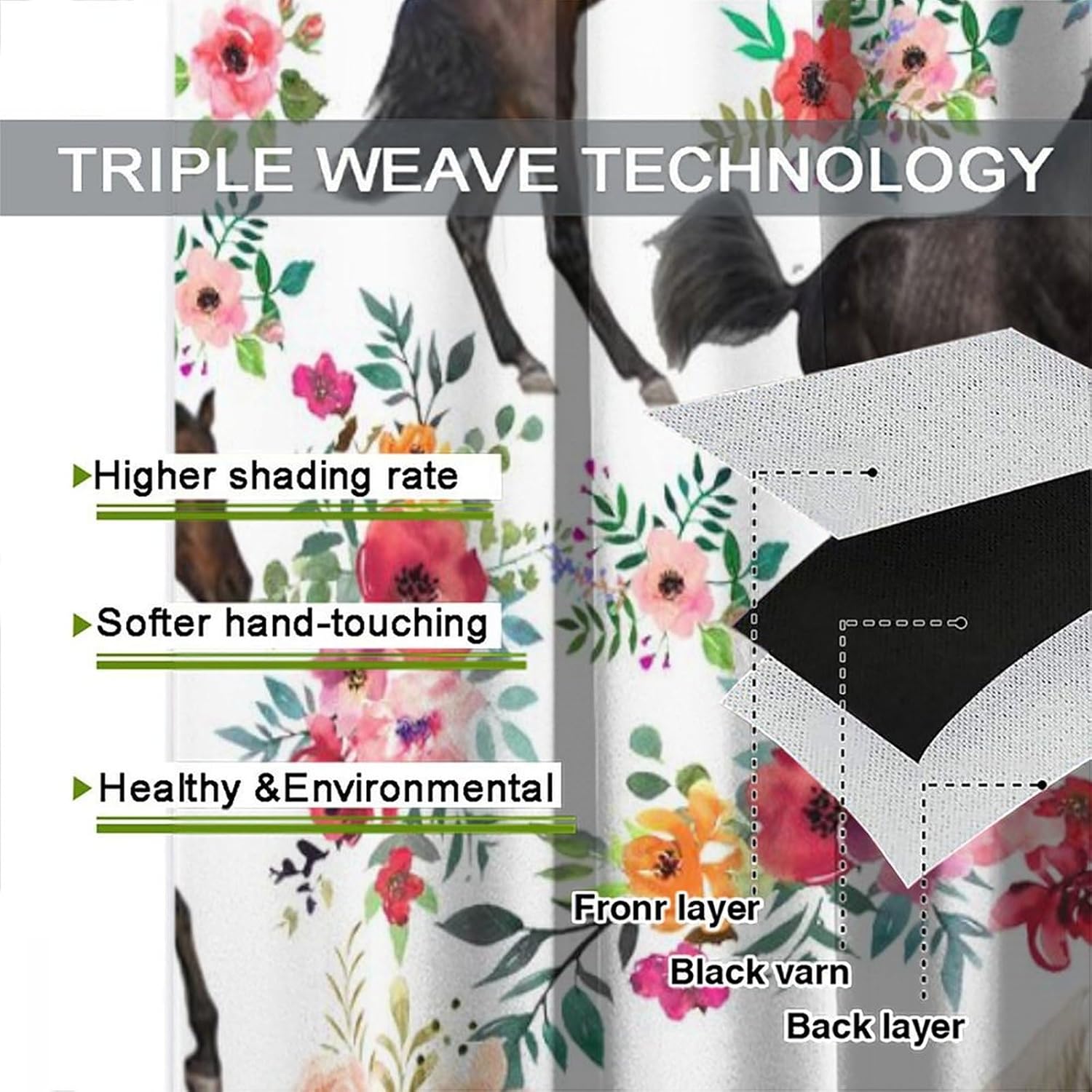 Girls Horse Blackout Curtains with Pink Flower Design