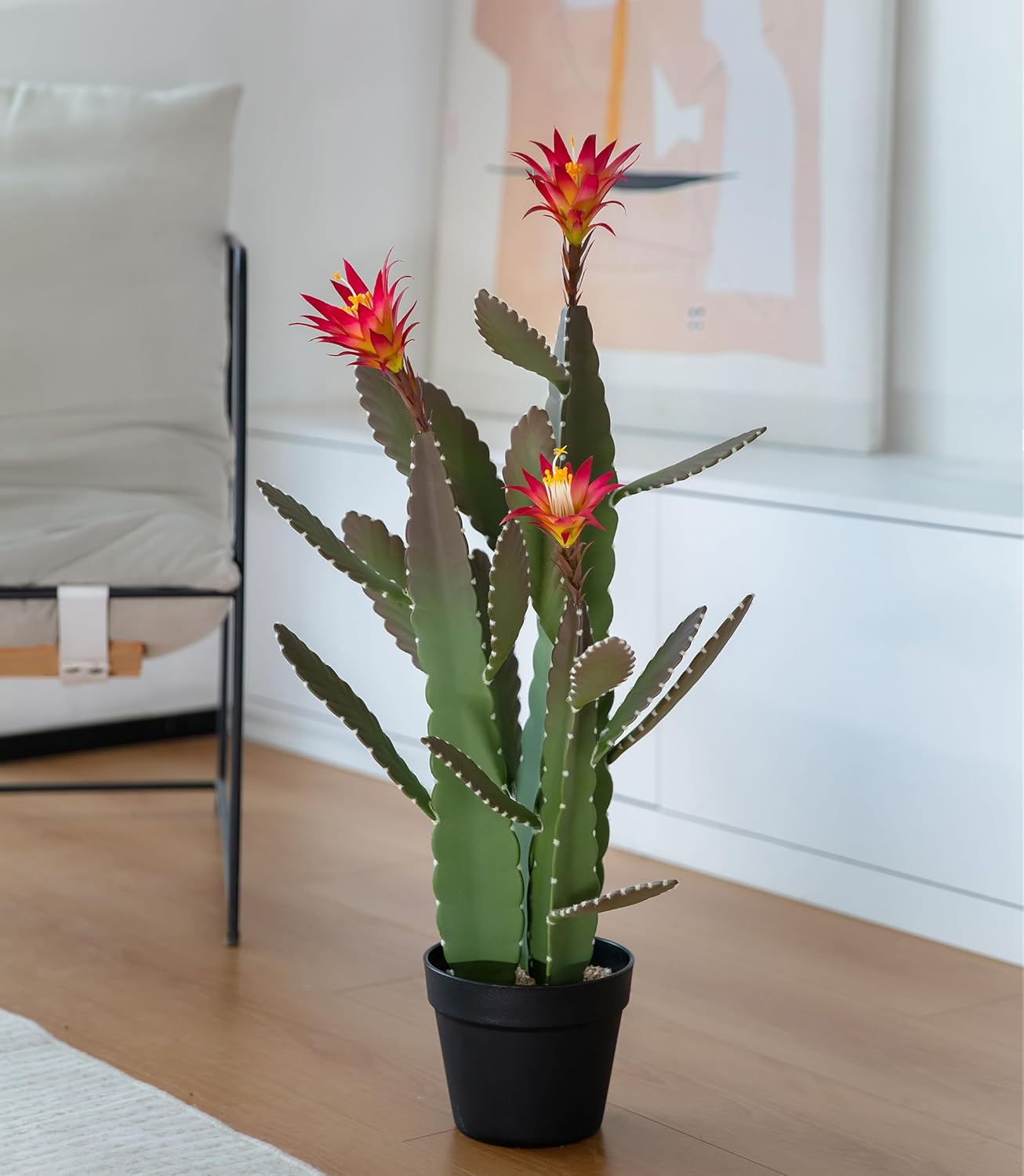 33 Inch Artificial Cactus with Magenta Flowers in Pot