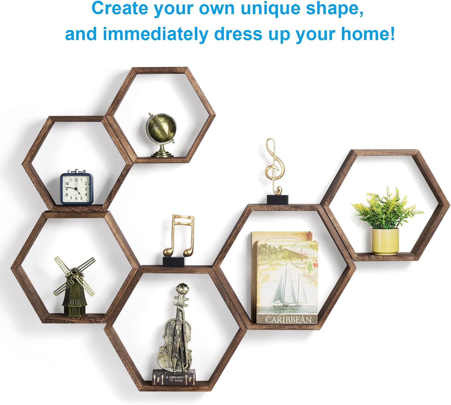 Hexagon Floating Shelves Set of 6 Rustic Wall Display