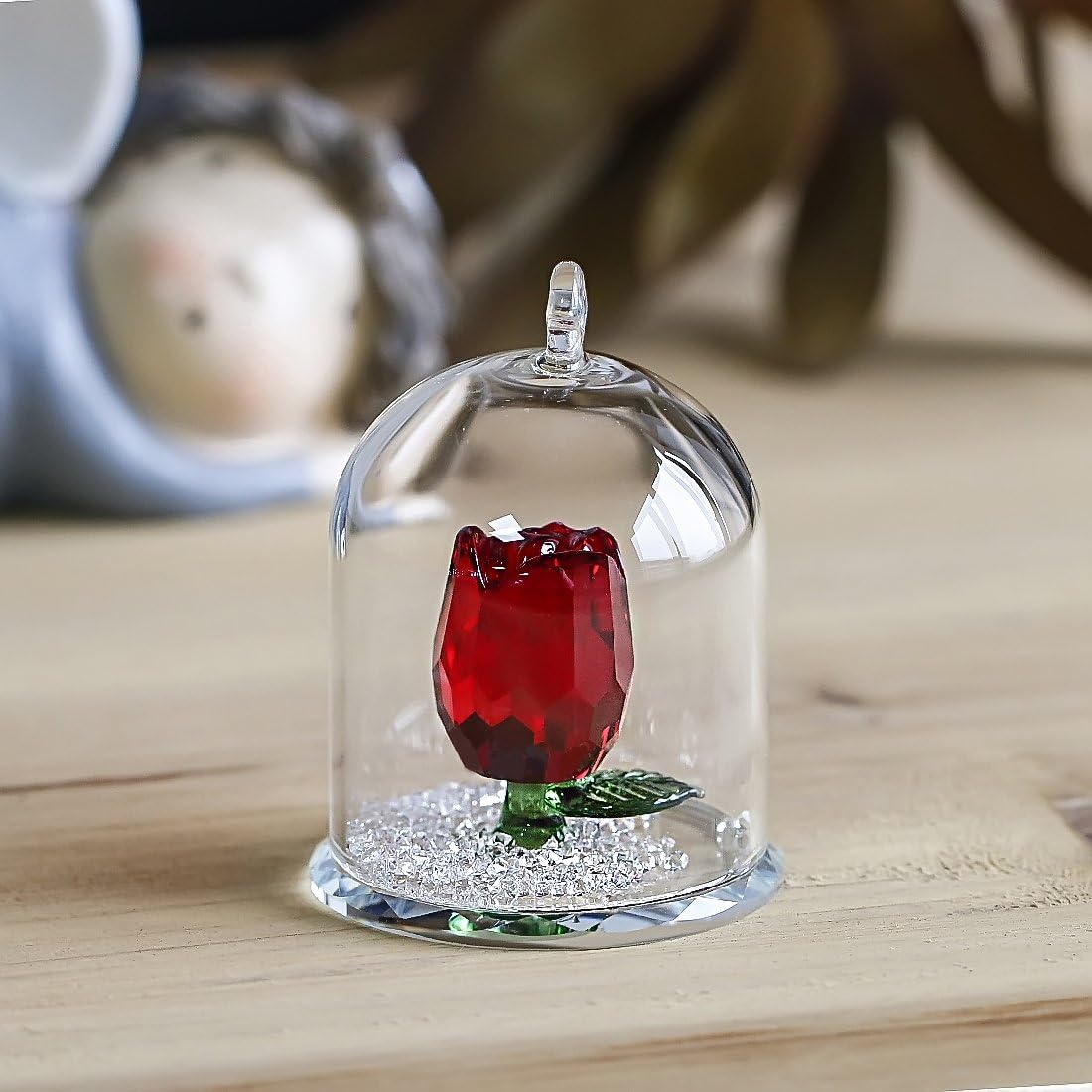 HD Crystal Rose Flower Figurine in Glass Dome