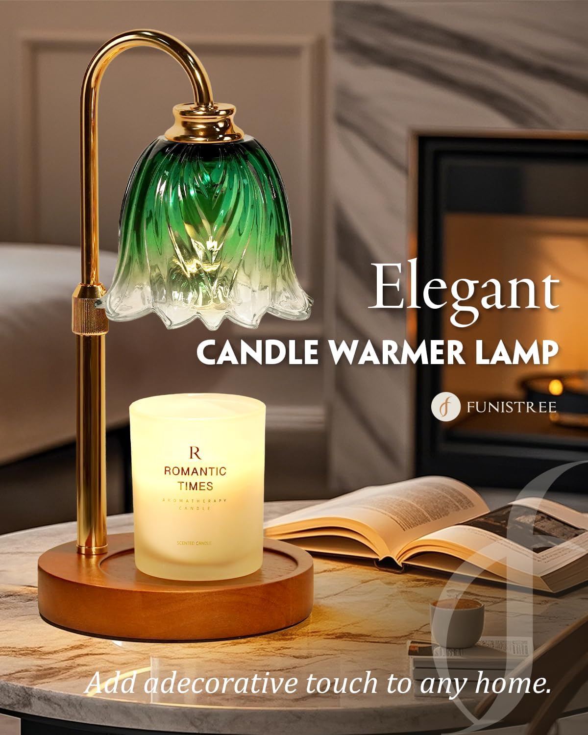 Gold Candle Lamp Warmer with Timer and Dimmer 2 Bulbs Adjustable Height