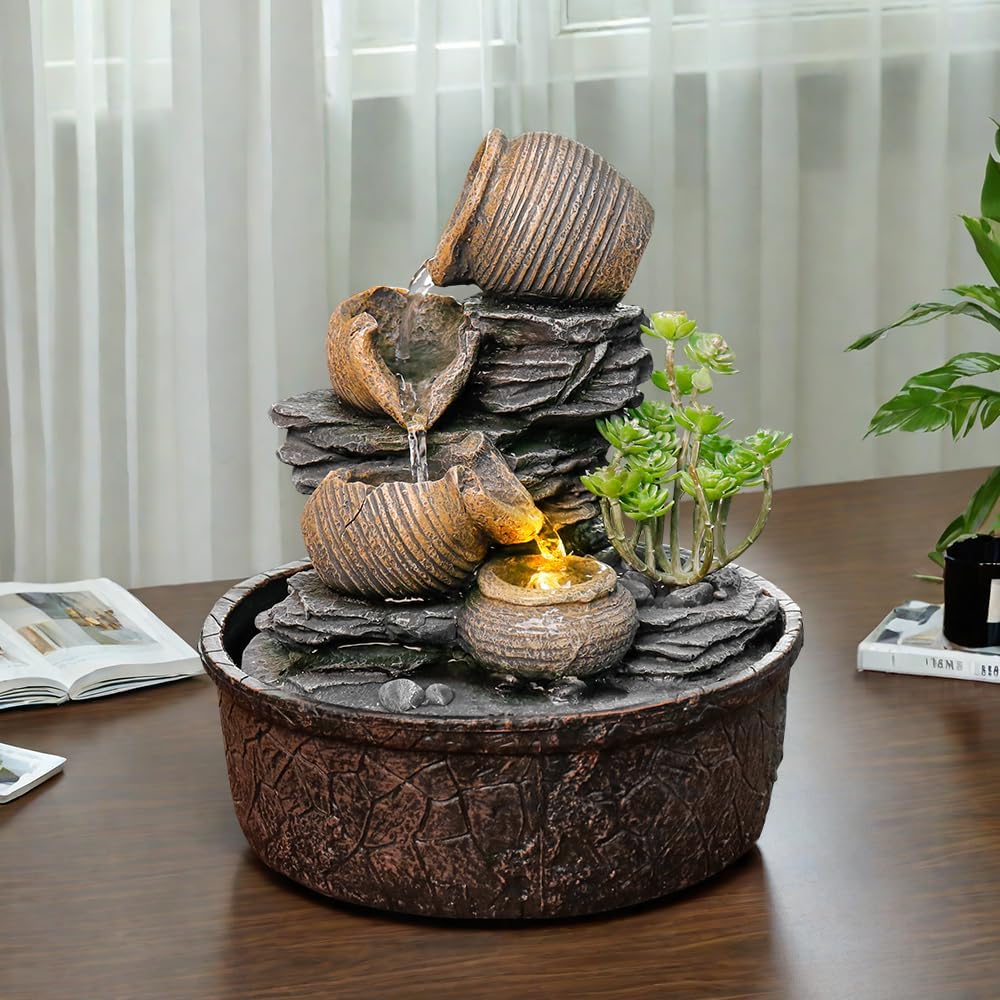 Pottery Rock Tabletop Fountain with LED Lights