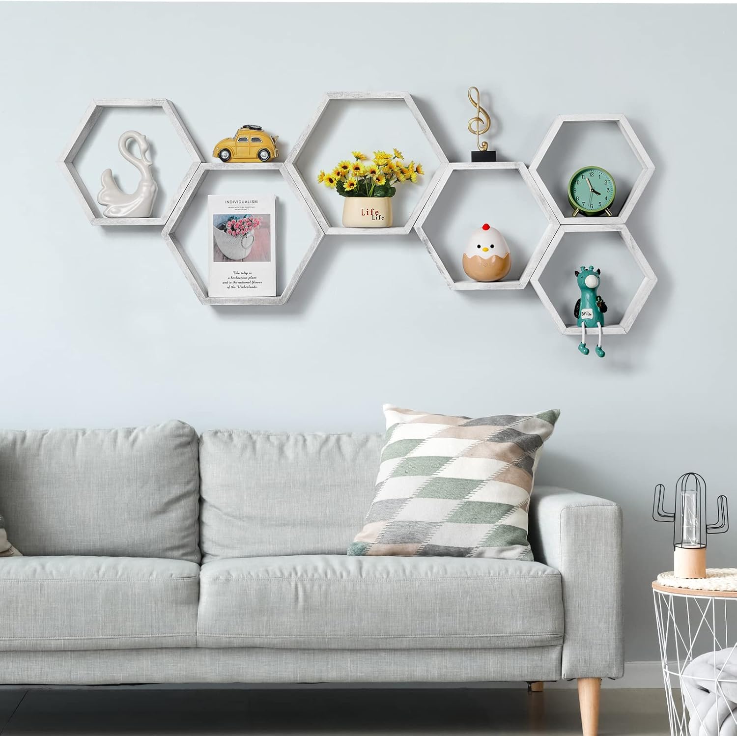 YBING Hexagon Floating Shelves Set of 6 Grey-White
