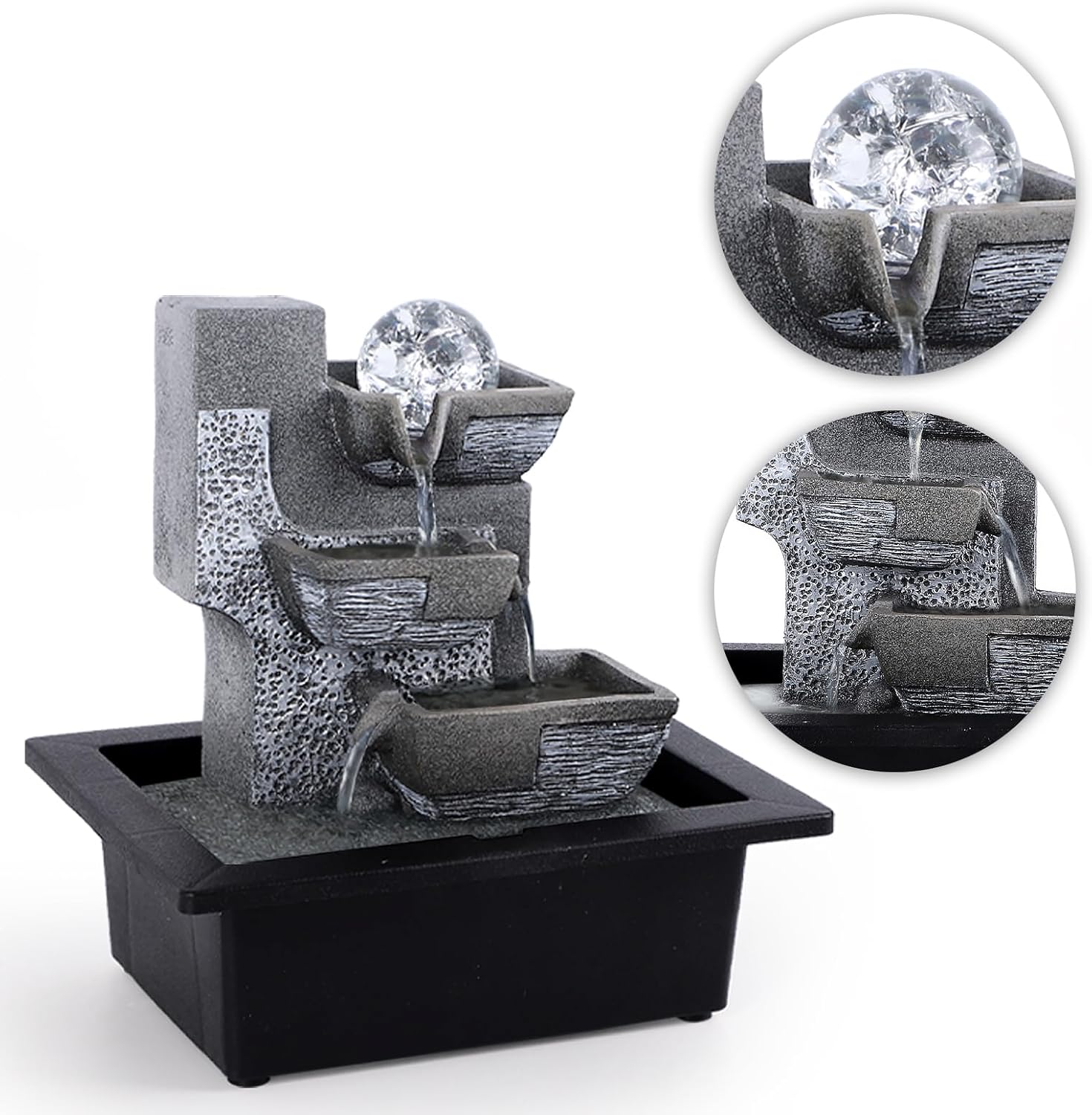 Tabletop Waterfall Indoor Fountain with LED Light 3 Tier