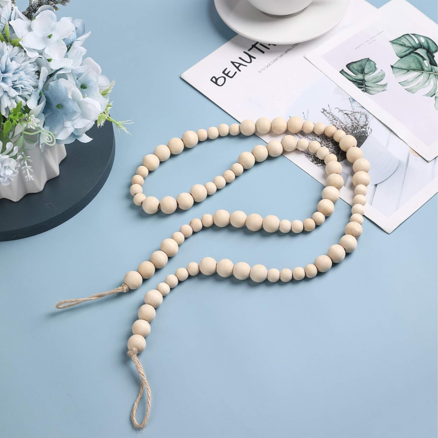2PCS Wall Hanging Photo Display with Wooden Beads Garland and 9 Wood Clips