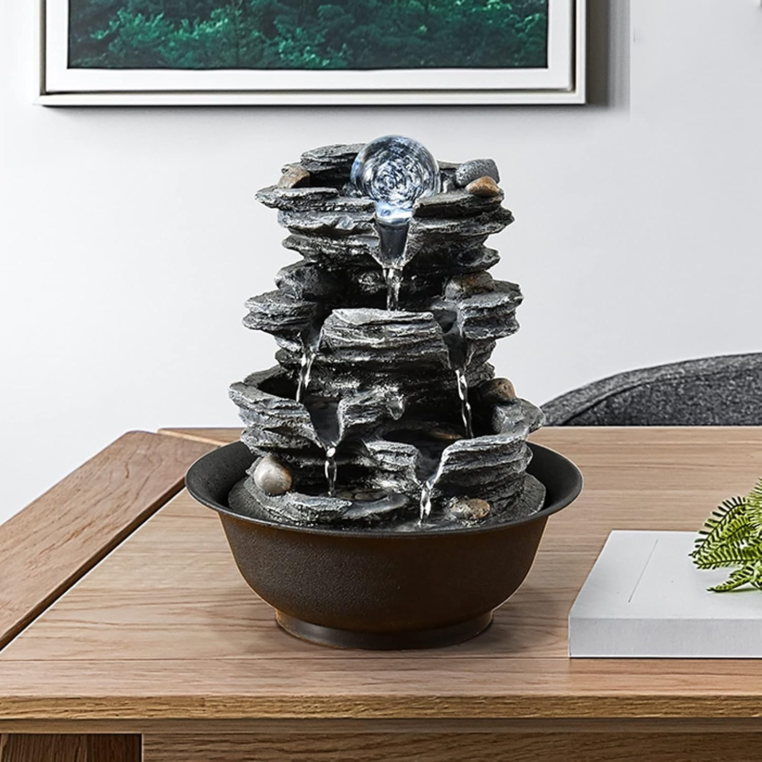 HIHELO Desktop Fountain with Resin Rock and Rotating Ball
