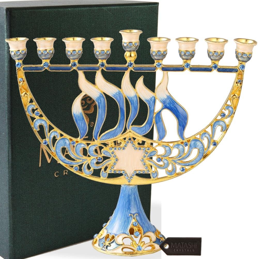 Matashi Hand Painted Enamel Menorah with Star of David and Hanukkah Design
