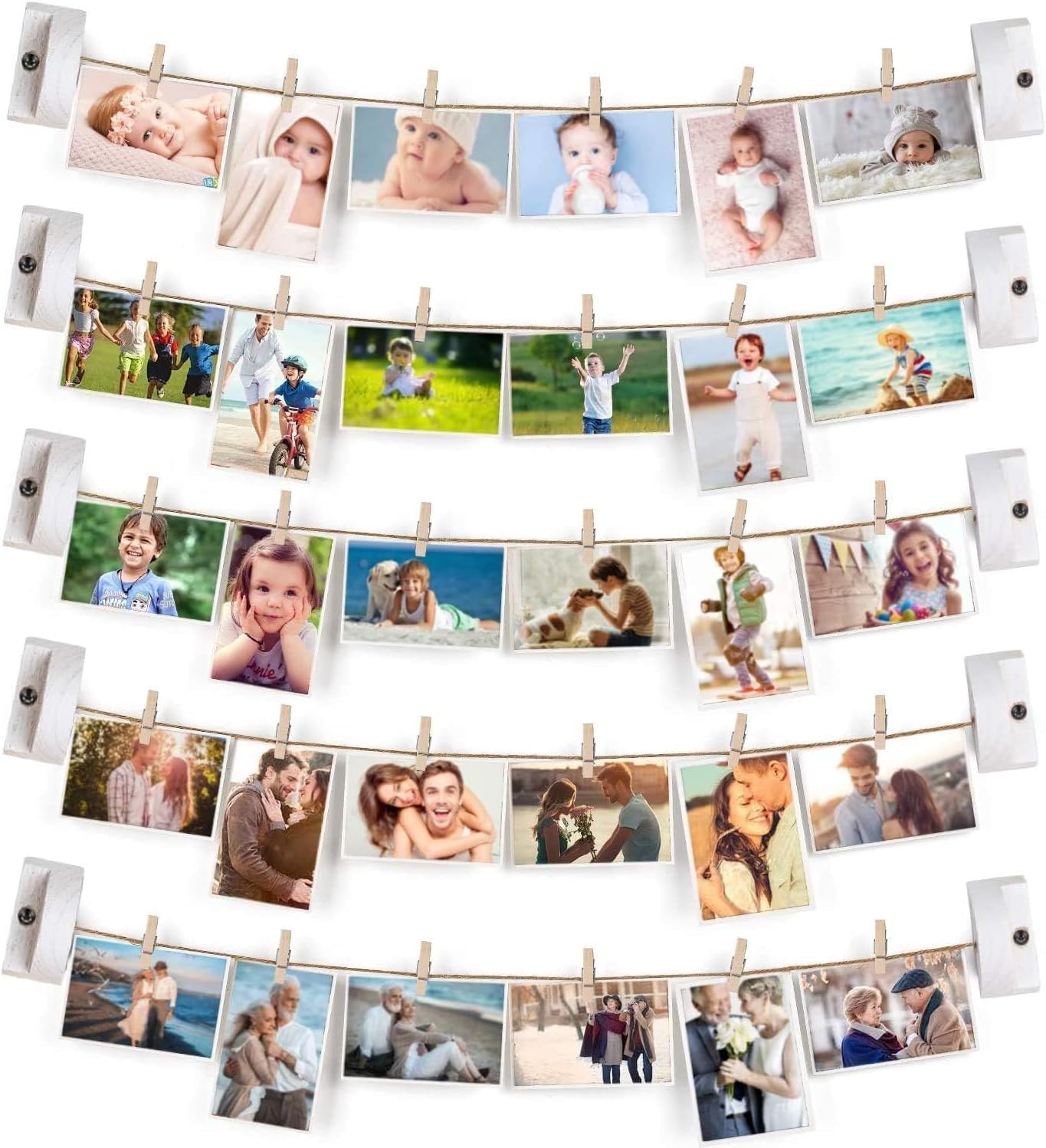 Wooden Photo Wall Display with 5 Strings and 30 Clips