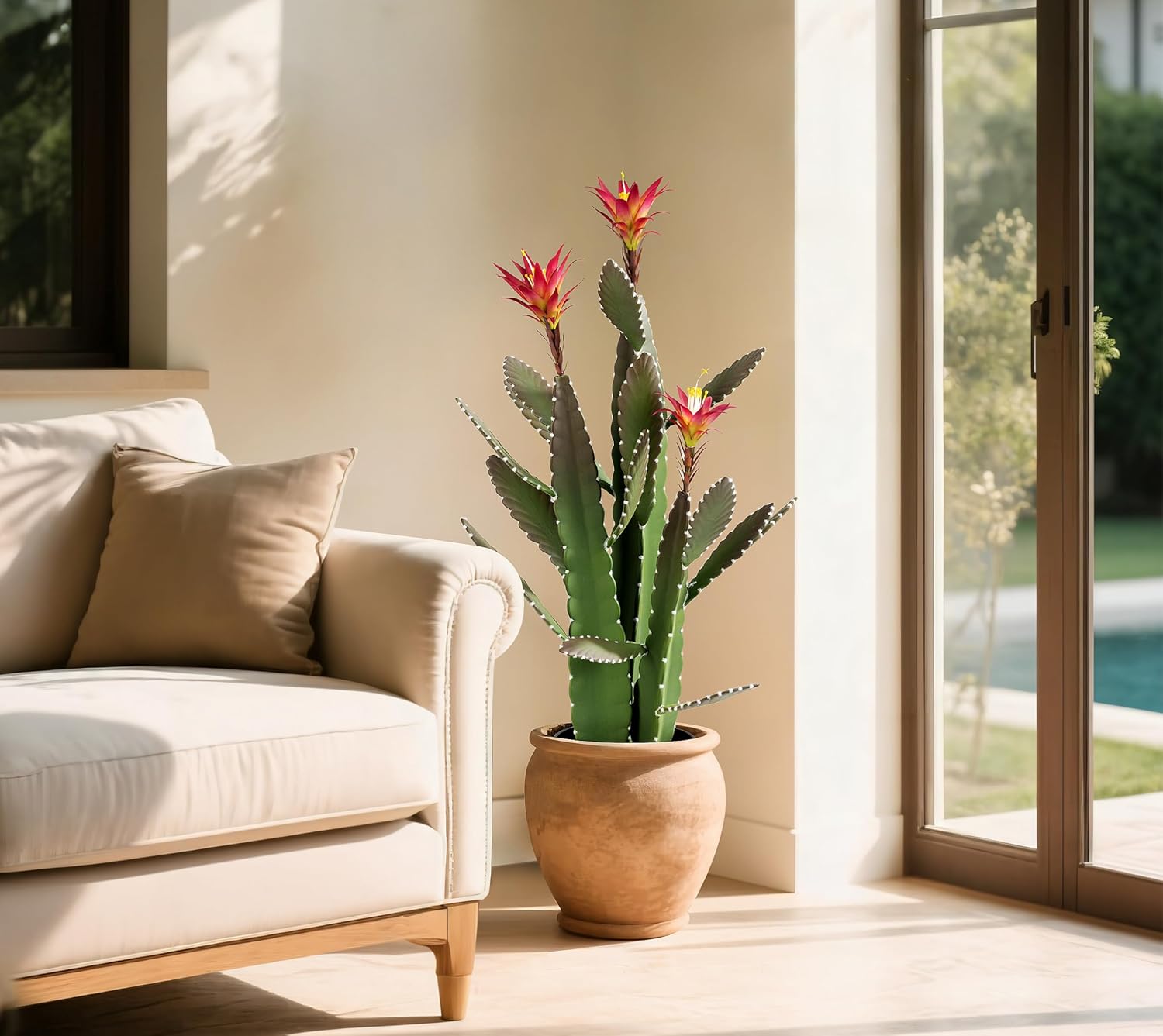 33 Inch Artificial Cactus with Magenta Flowers in Pot