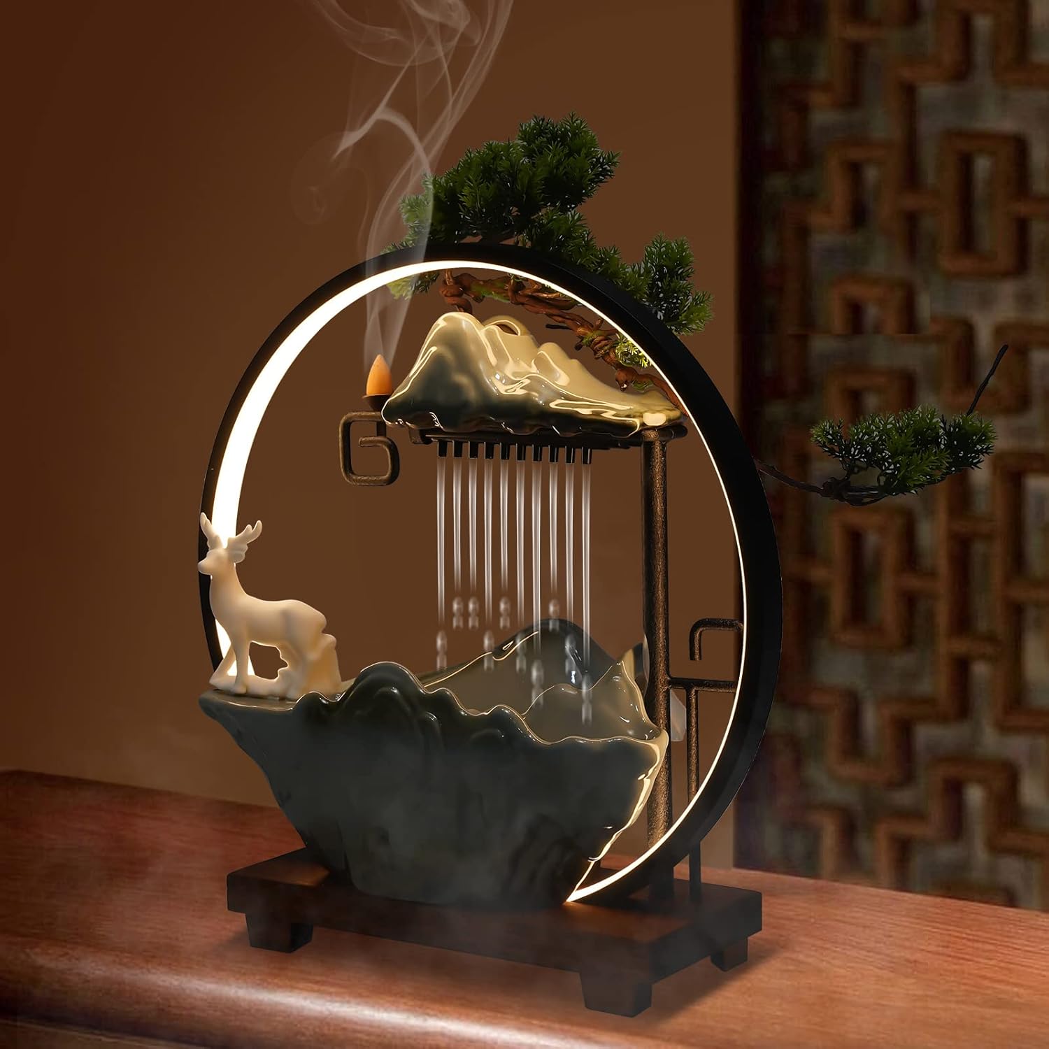 Headery Indoor Water Fountain with LED Light and Incense Holder