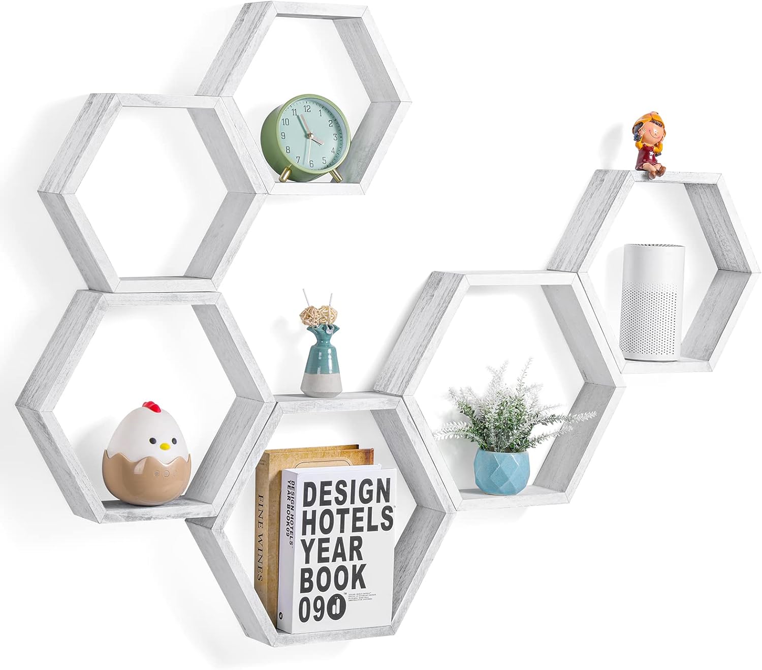 YBING Hexagon Floating Shelves Set of 6 Grey-White