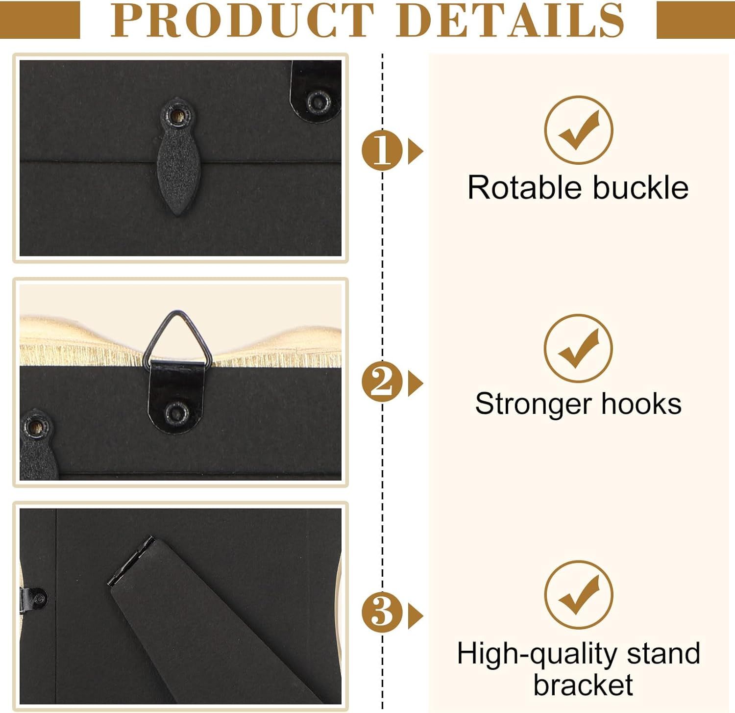 3 Pcs Vintage Gold Trim Photo Frames with Easel and Hooks