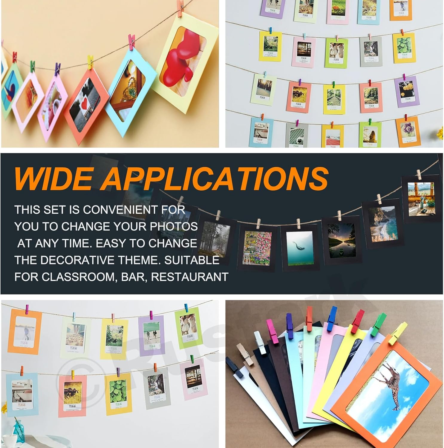 105Pcs Black Paper Picture Frames with Wood Clips and Jute Twine for Wall Decor