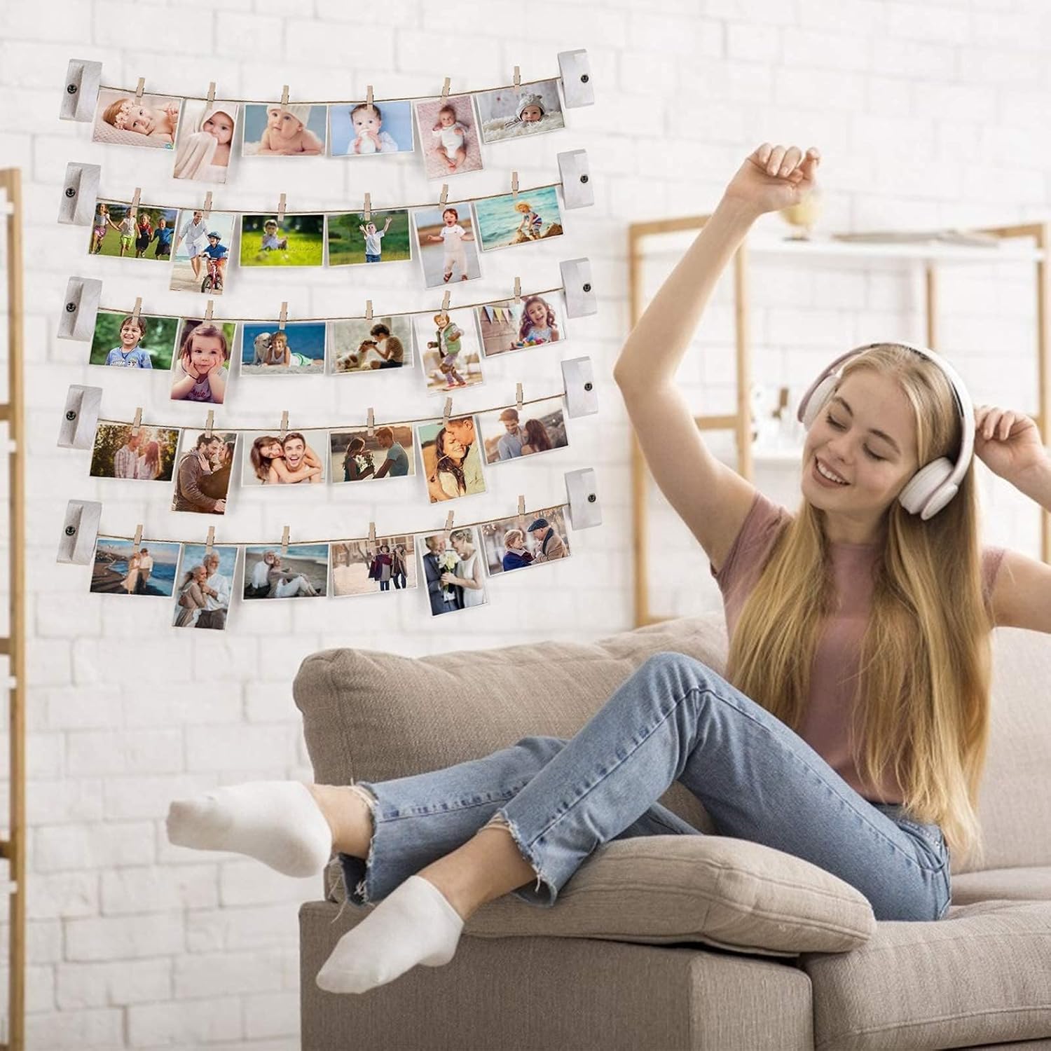 Wooden Photo Wall Display with 5 Strings and 30 Clips