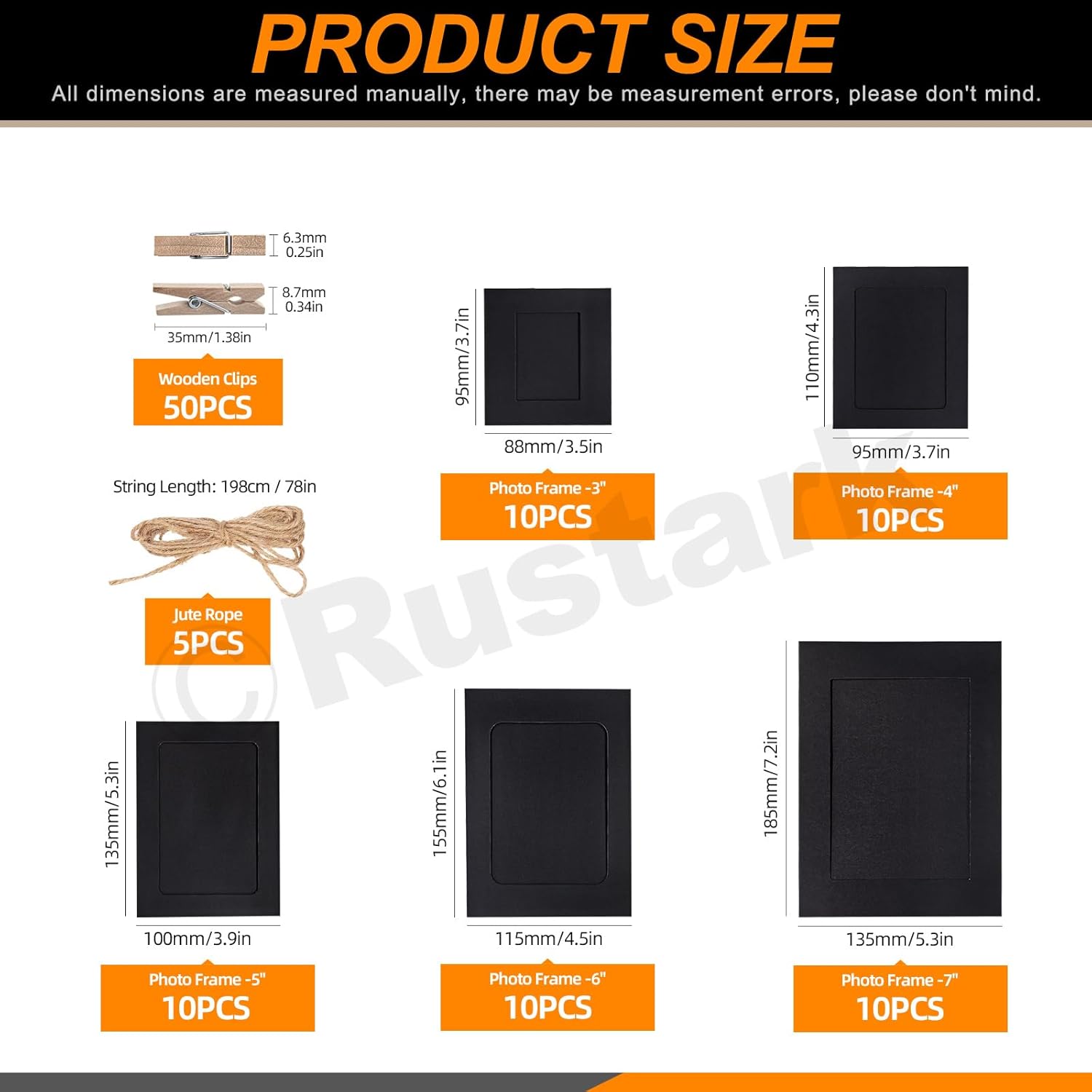 105Pcs Black Paper Picture Frames with Wood Clips and Jute Twine for Wall Decor