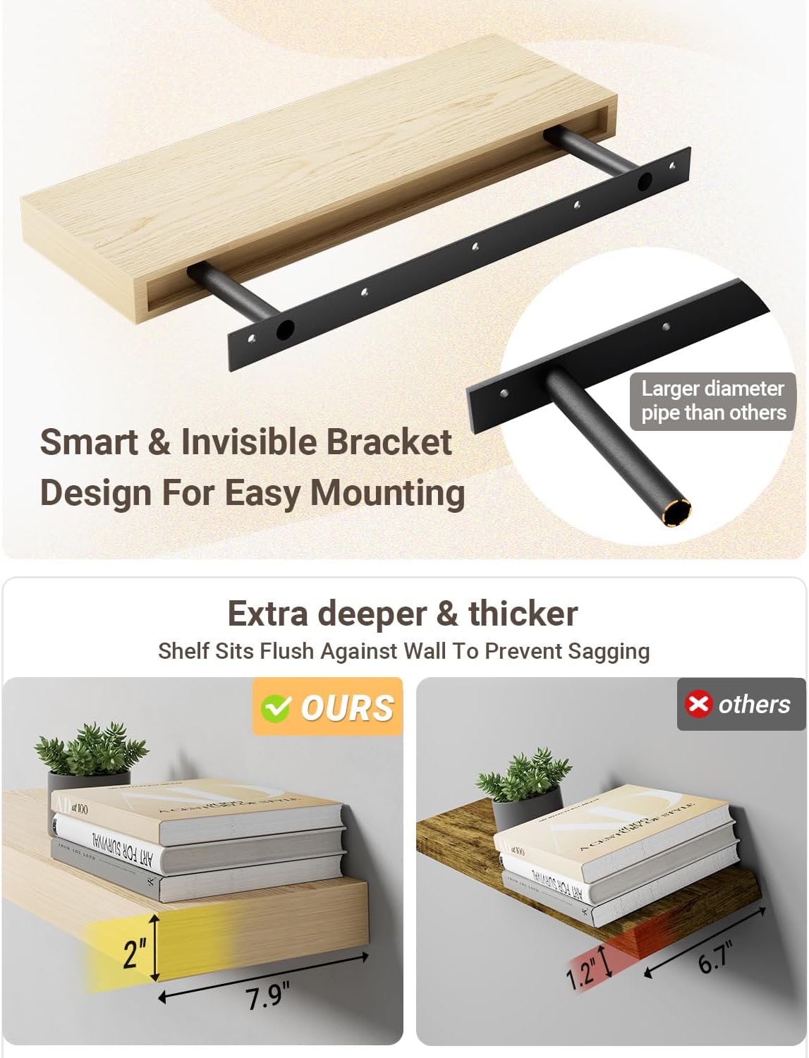 QueenFun White Oak Floating Shelves 2 Inch Thick 2-Piece