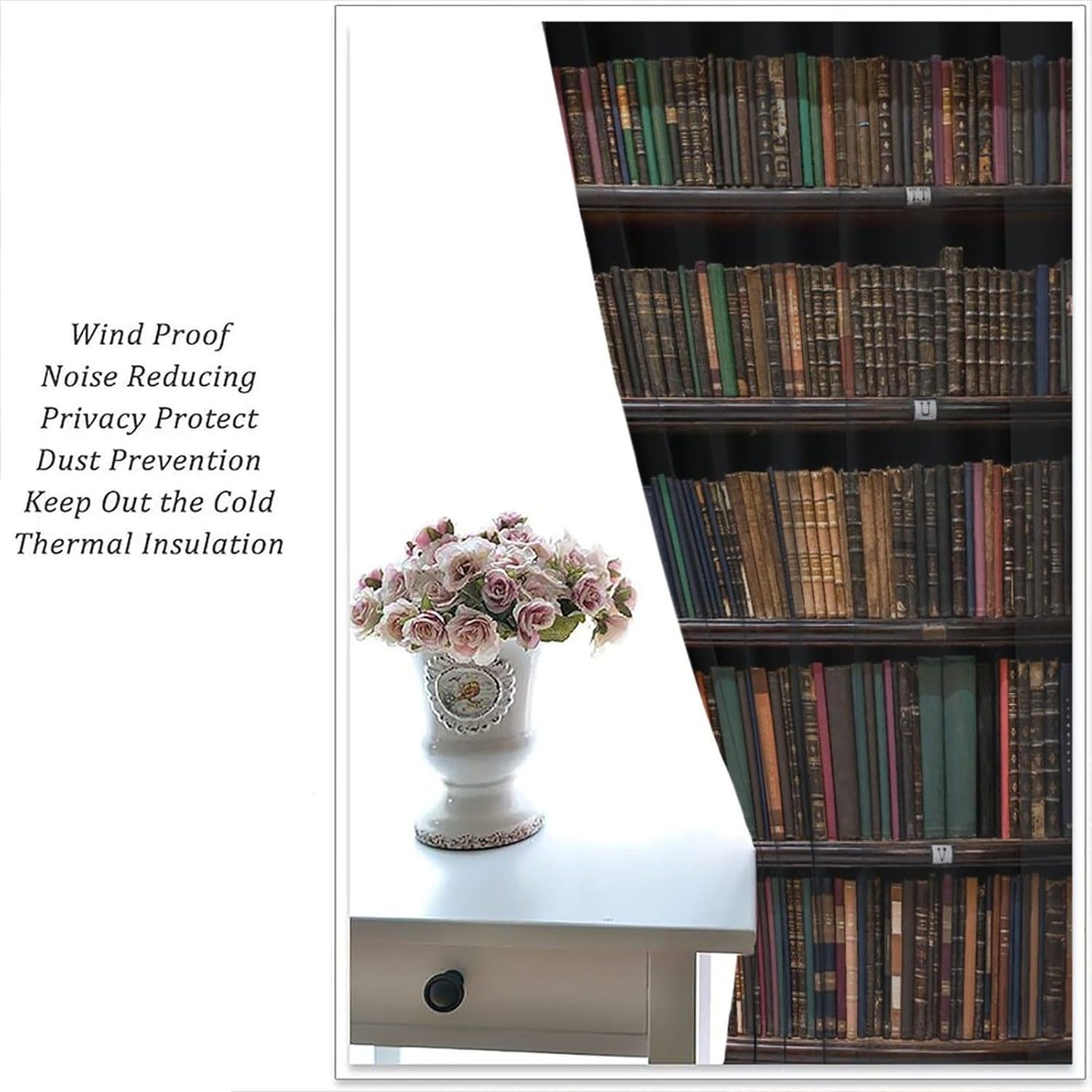 Bookshelf Curtains Vintage Library with Books Window Treatments for Kids Bedroom