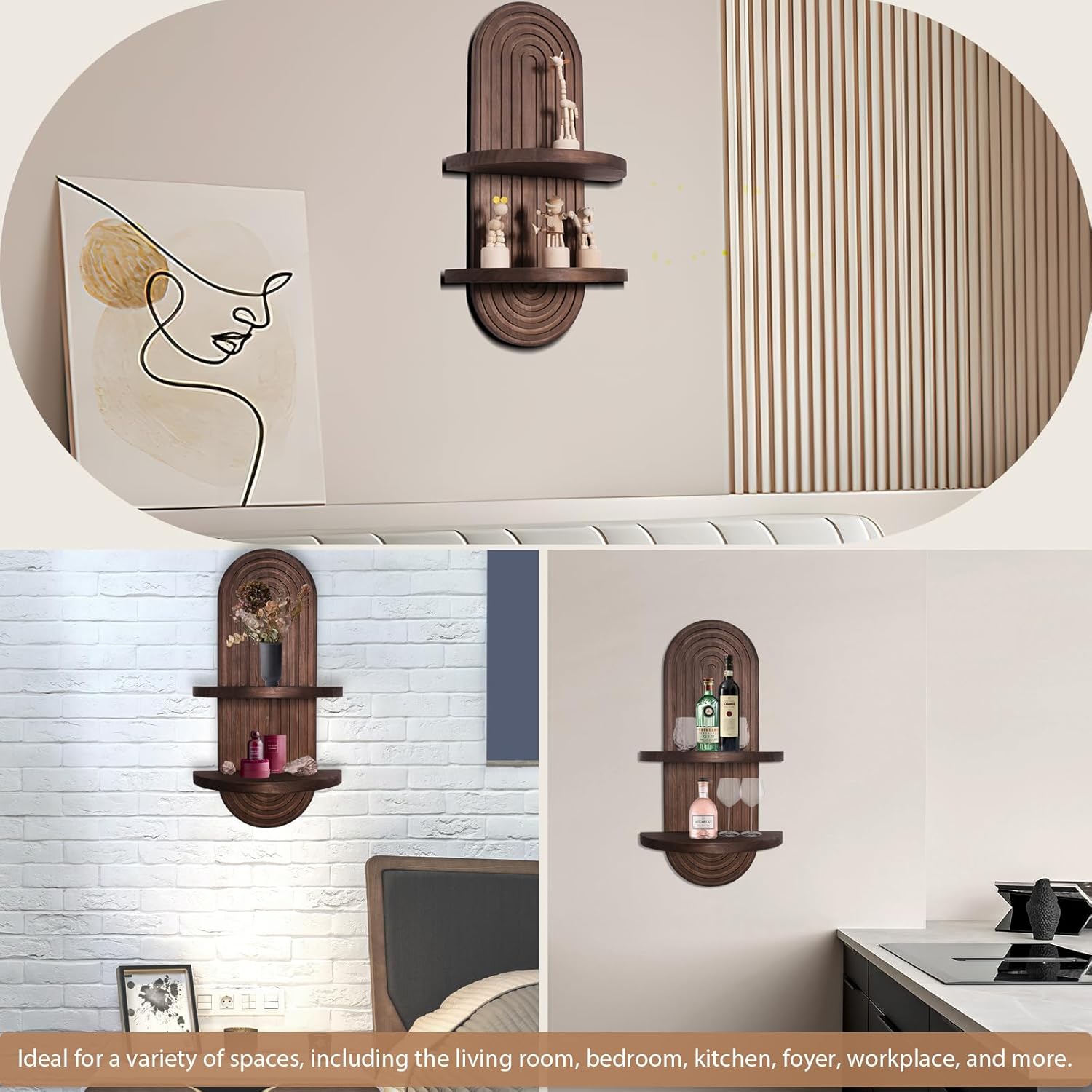 Boho Wooden Arched Wall Shelf - Dark Brown