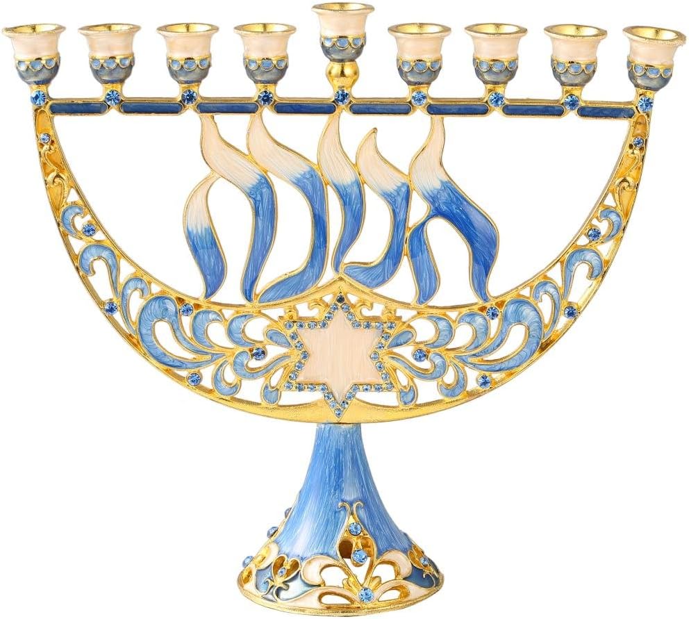 Matashi Hand Painted Enamel Menorah with Star of David and Hanukkah Design