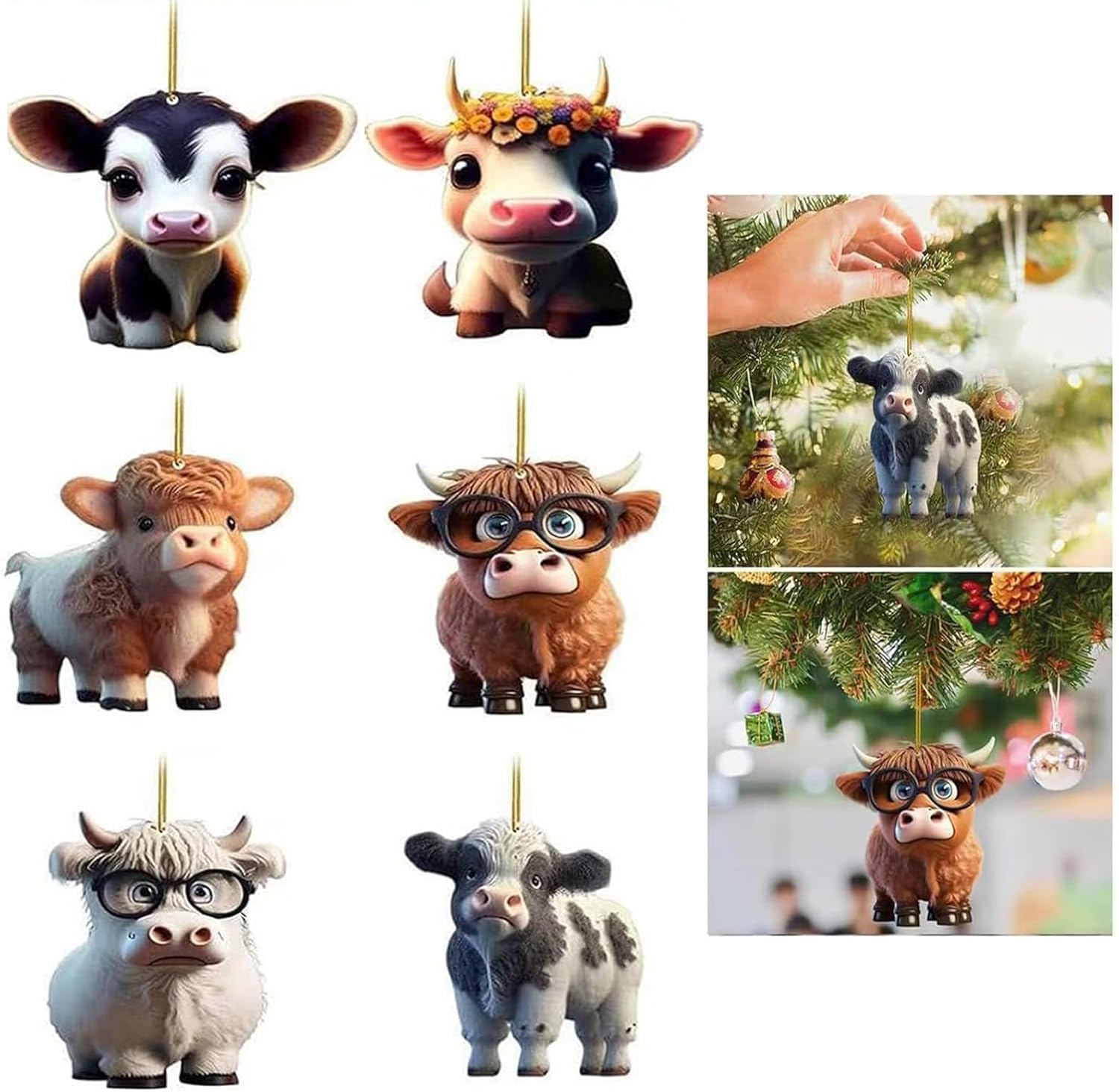Cute Cartoon Cow Hanging Ornaments for Christmas Tree 6pcs