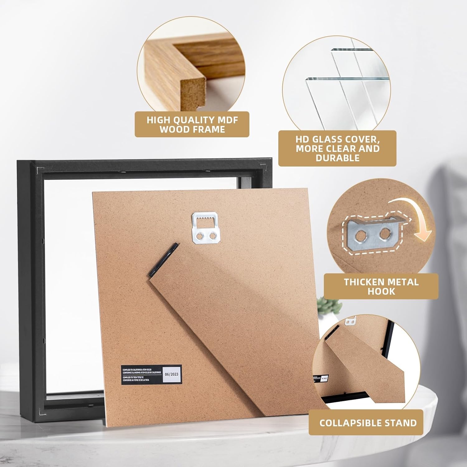 Muzilife 8x8 Shadow Box Frame Black with Glass and Wood