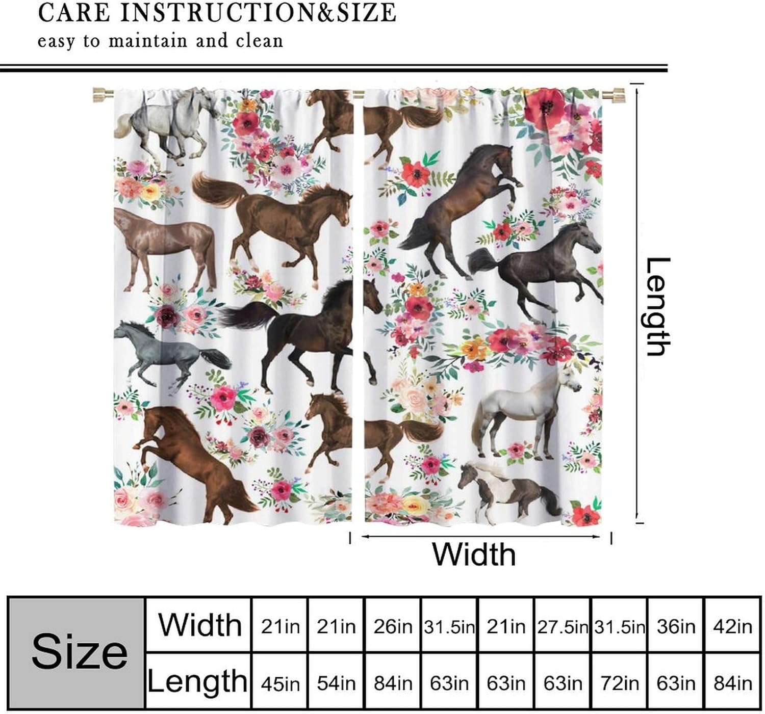Girls Horse Blackout Curtains with Pink Flower Design