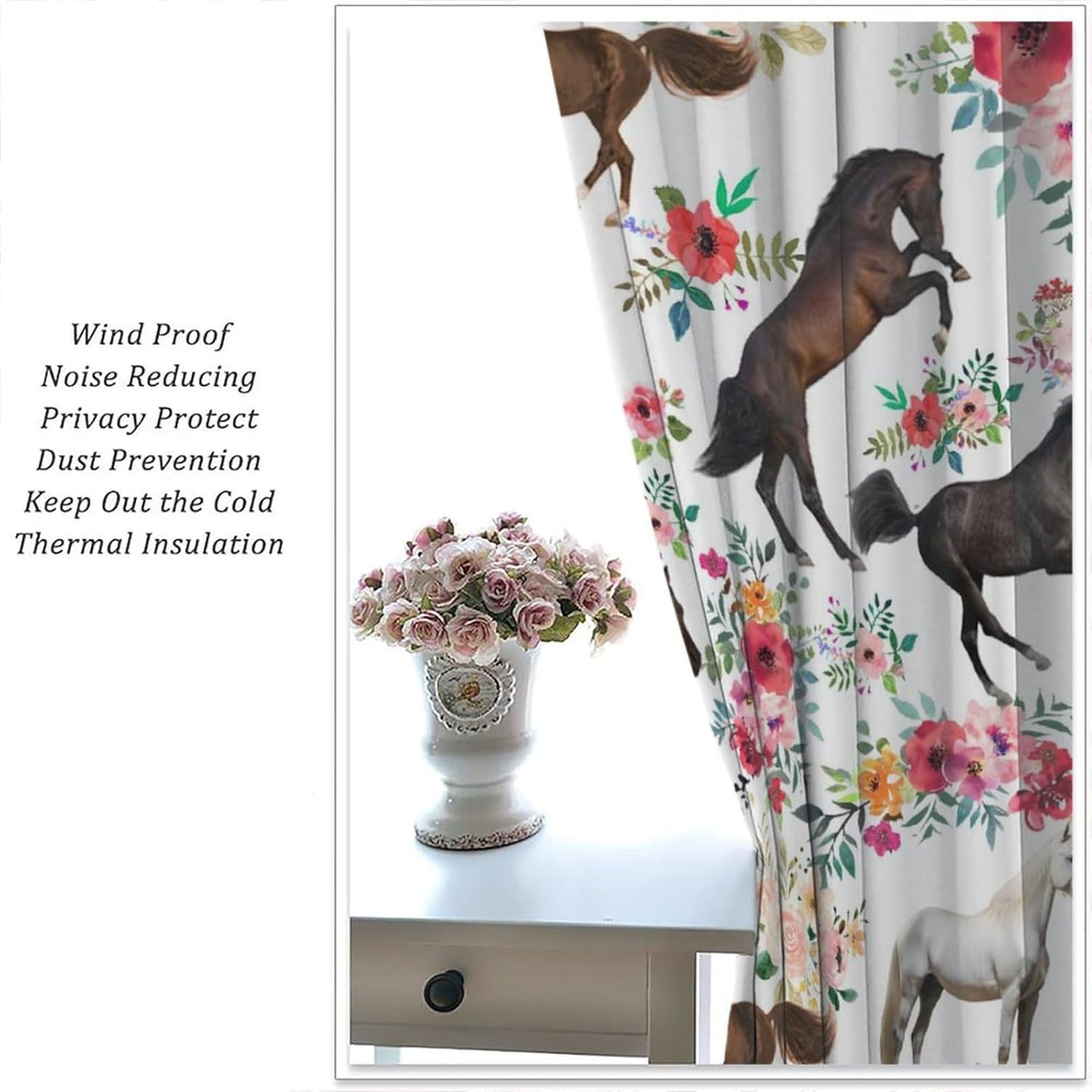 Girls Horse Blackout Curtains with Pink Flower Design