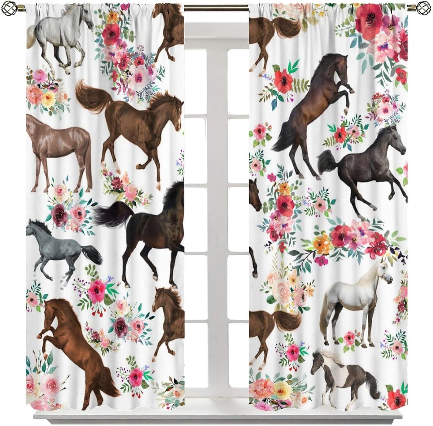 Girls Horse Blackout Curtains with Pink Flower Design