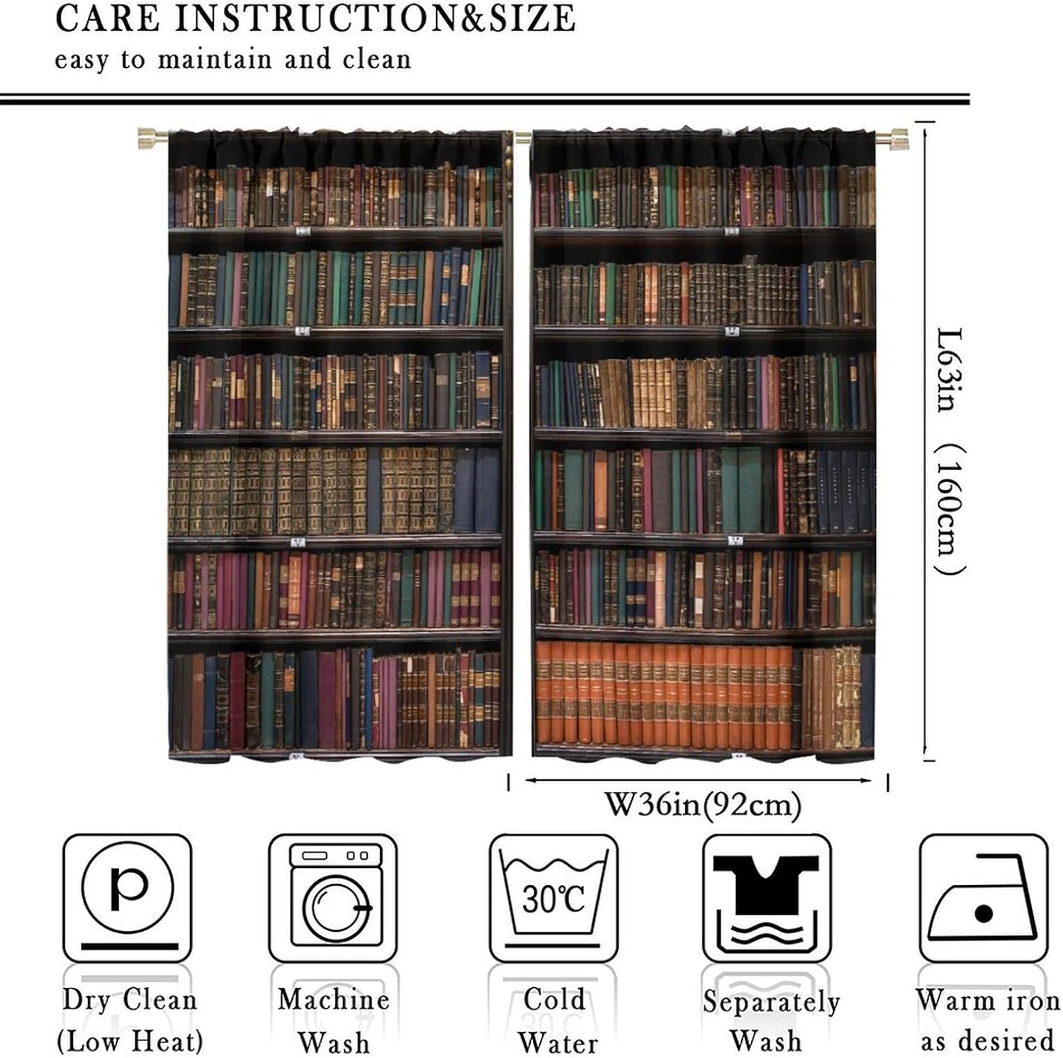 Bookshelf Curtains Vintage Library with Books Window Treatments for Kids Bedroom