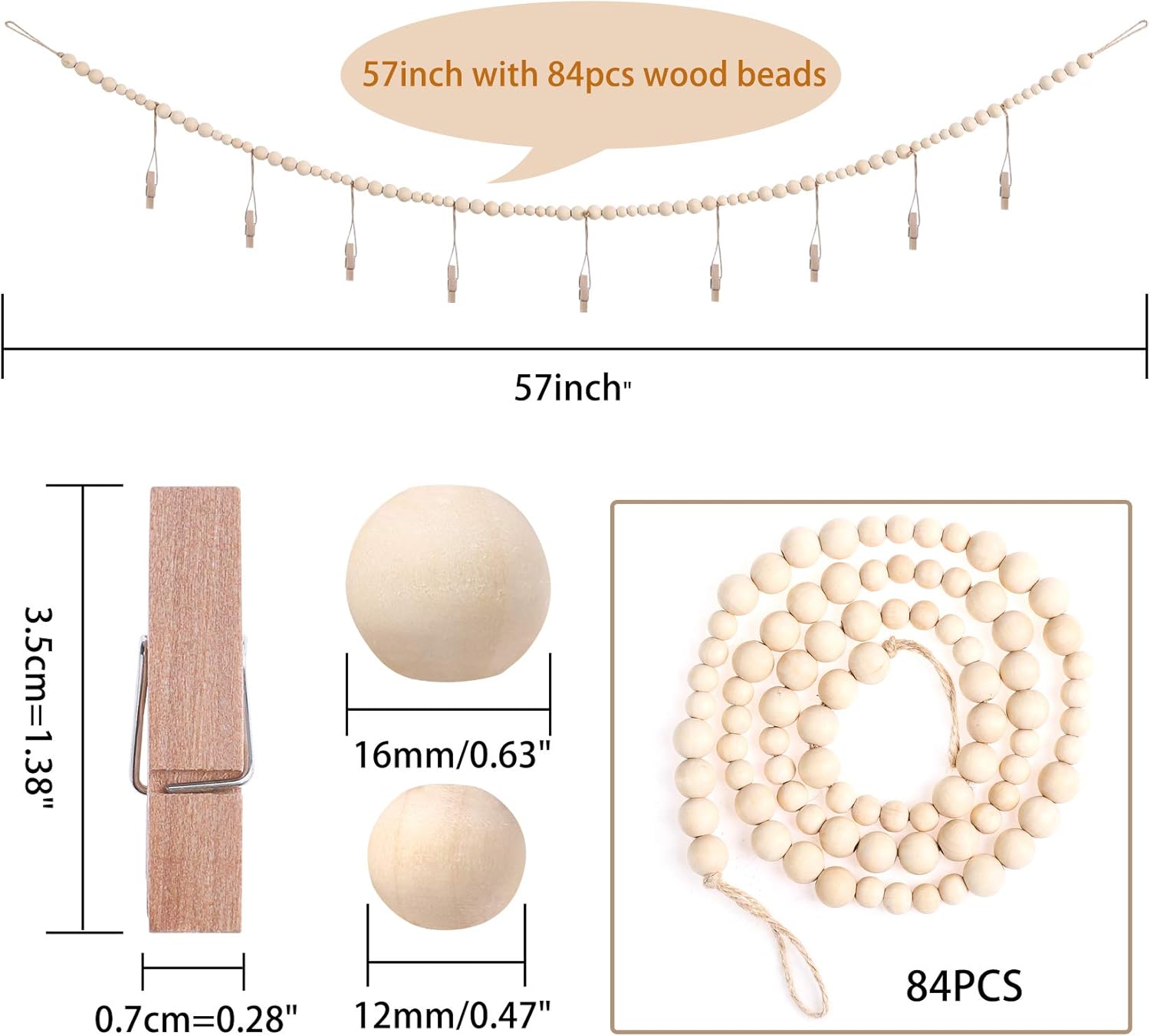 2PCS Wall Hanging Photo Display with Wooden Beads Garland and 9 Wood Clips