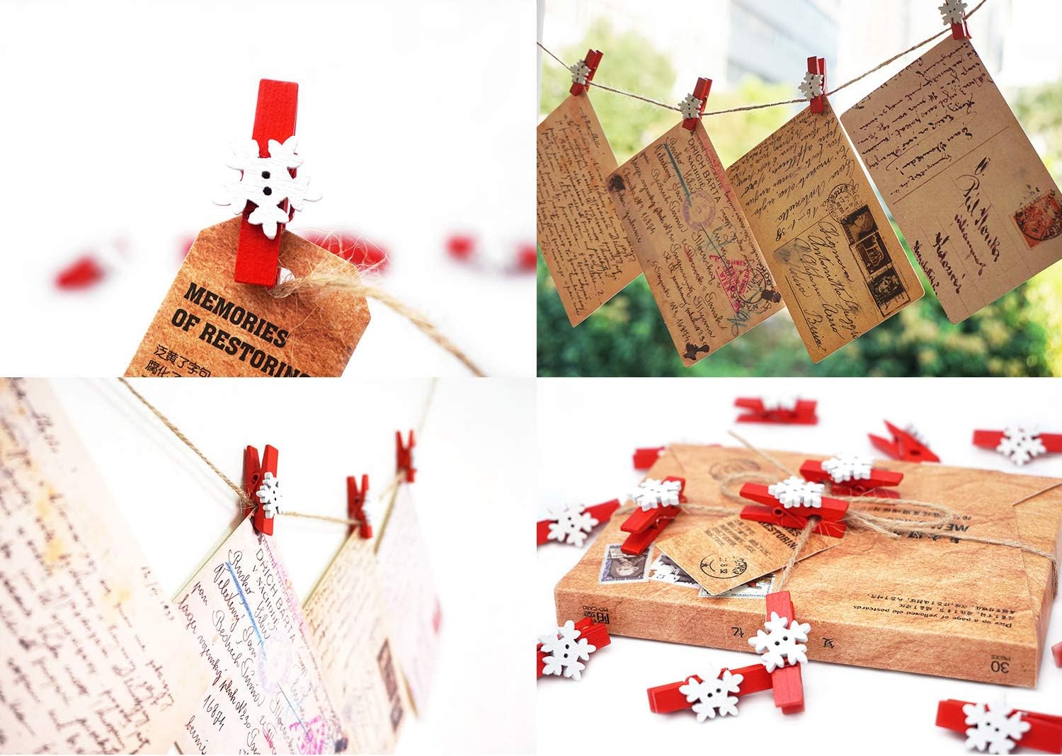 50PCS Christmas Wooden Photo Clips with Jute Twine for Cards and Crafts