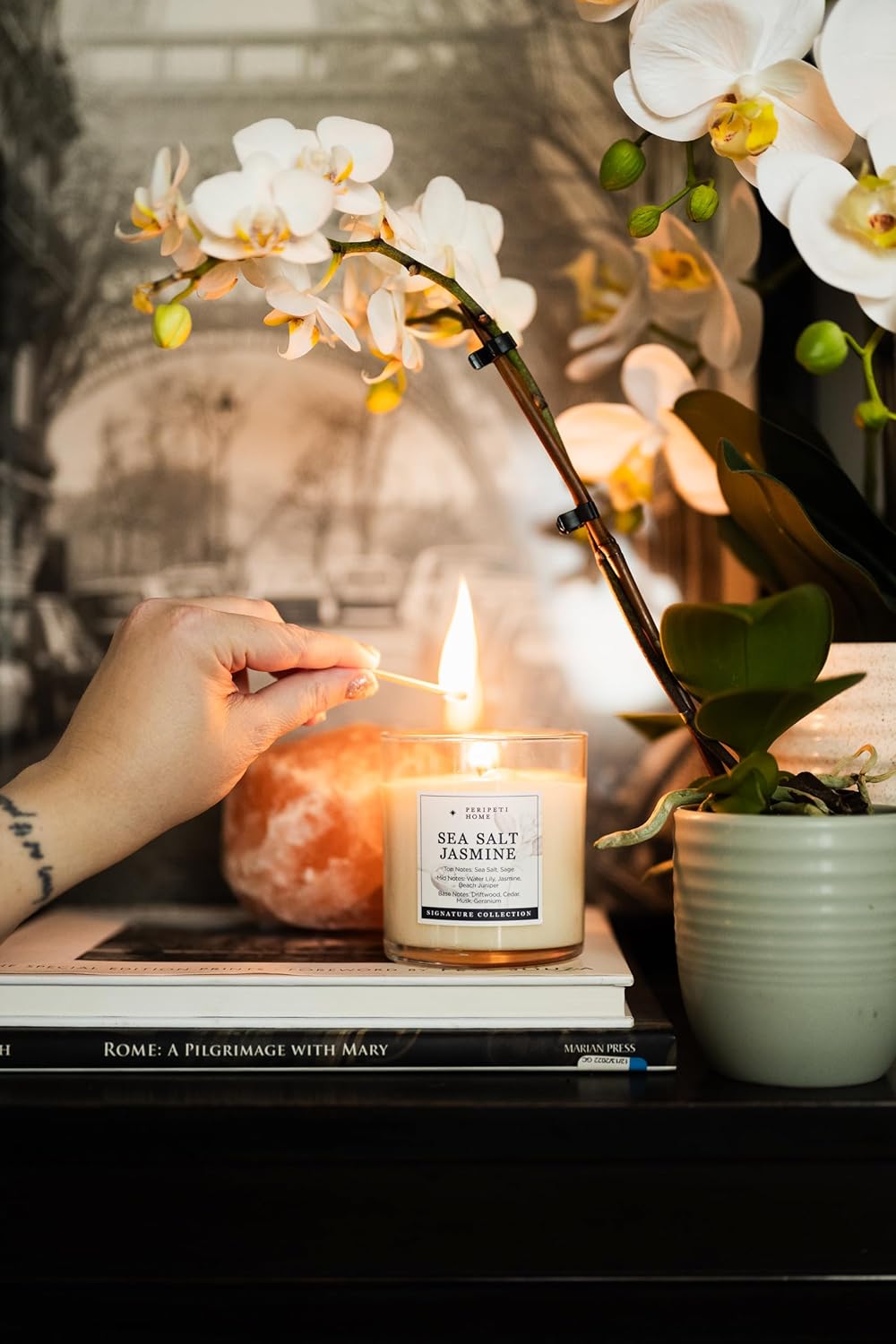PERIPETI Home Sea Salt Jasmine Candle - 85oz Soy Wax Jar with Wooden Wick