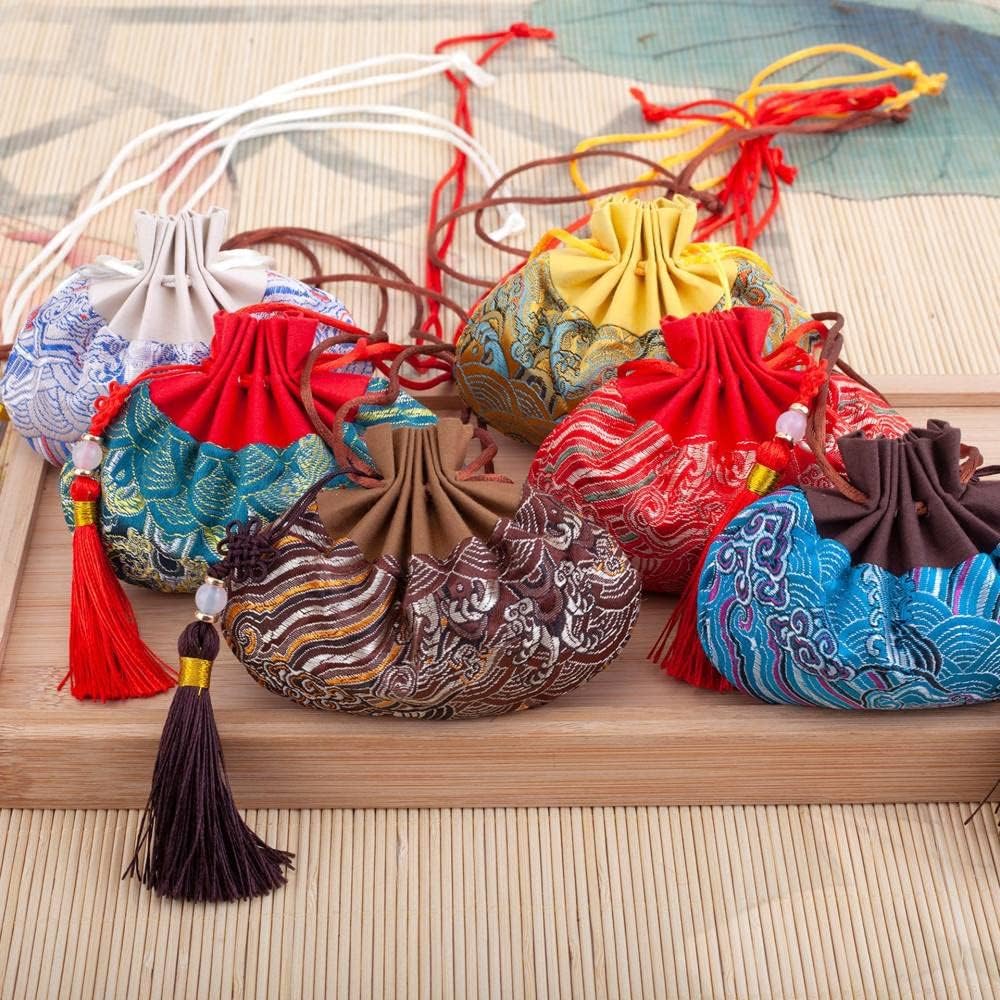 4 Pcs Embroidered Seawater Texture Drawstring Gift Bags with Tassel