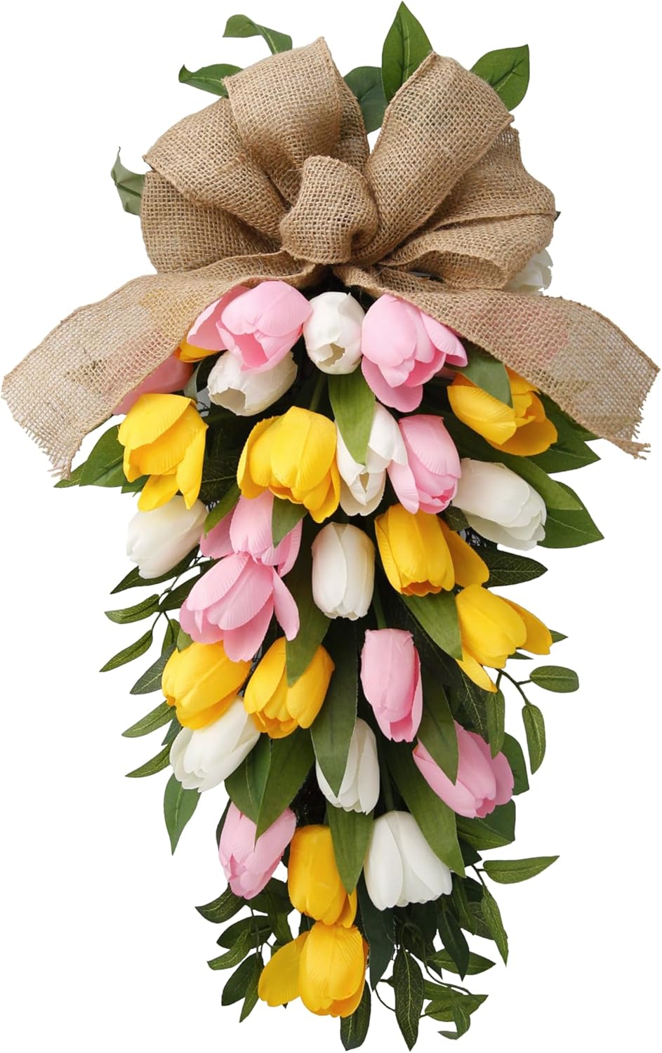 26 Inch Artificial Tulips Teardrop Swag with Burlap Bow