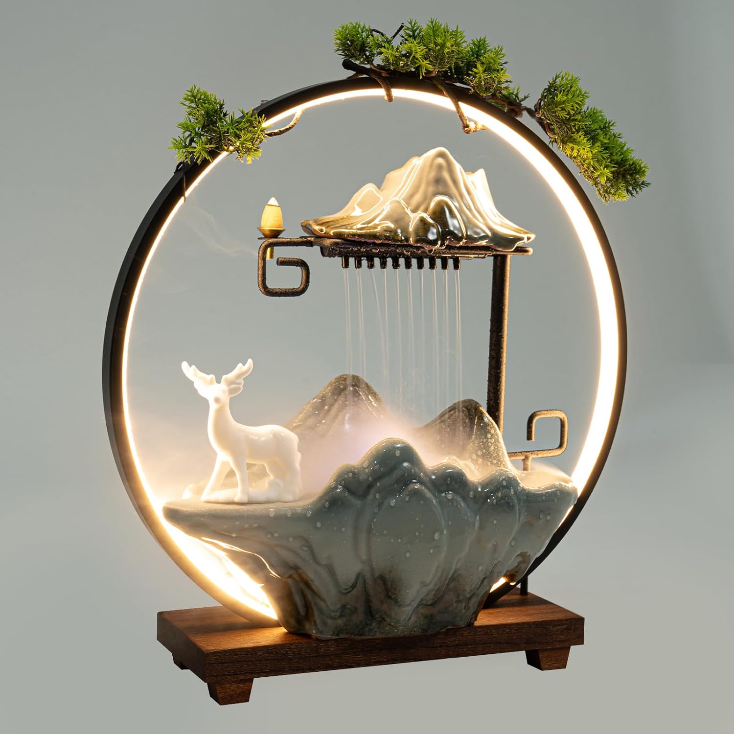 Ceramic Tabletop Water Fountain with Incense Holder and LED Light