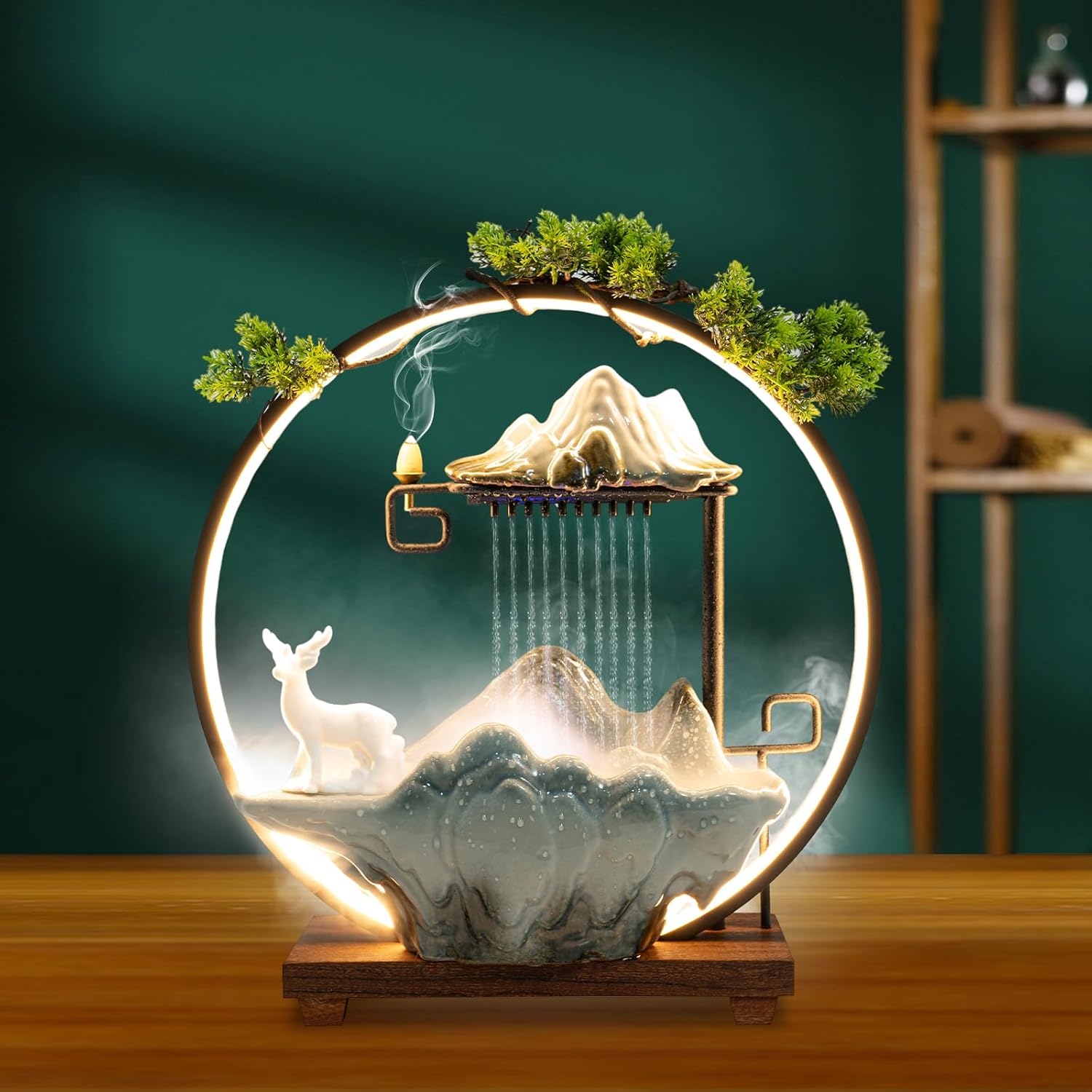 Ceramic Tabletop Water Fountain with Incense Holder and LED Light