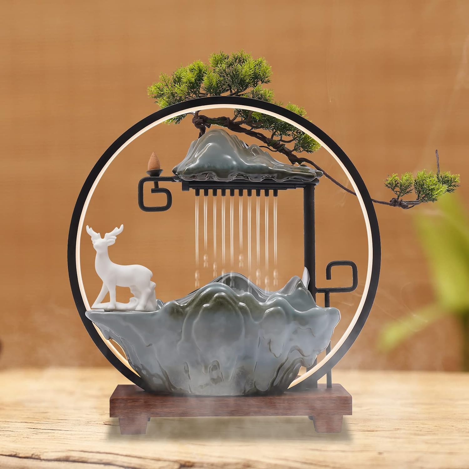 Headery Indoor Water Fountain with LED Light and Incense Holder