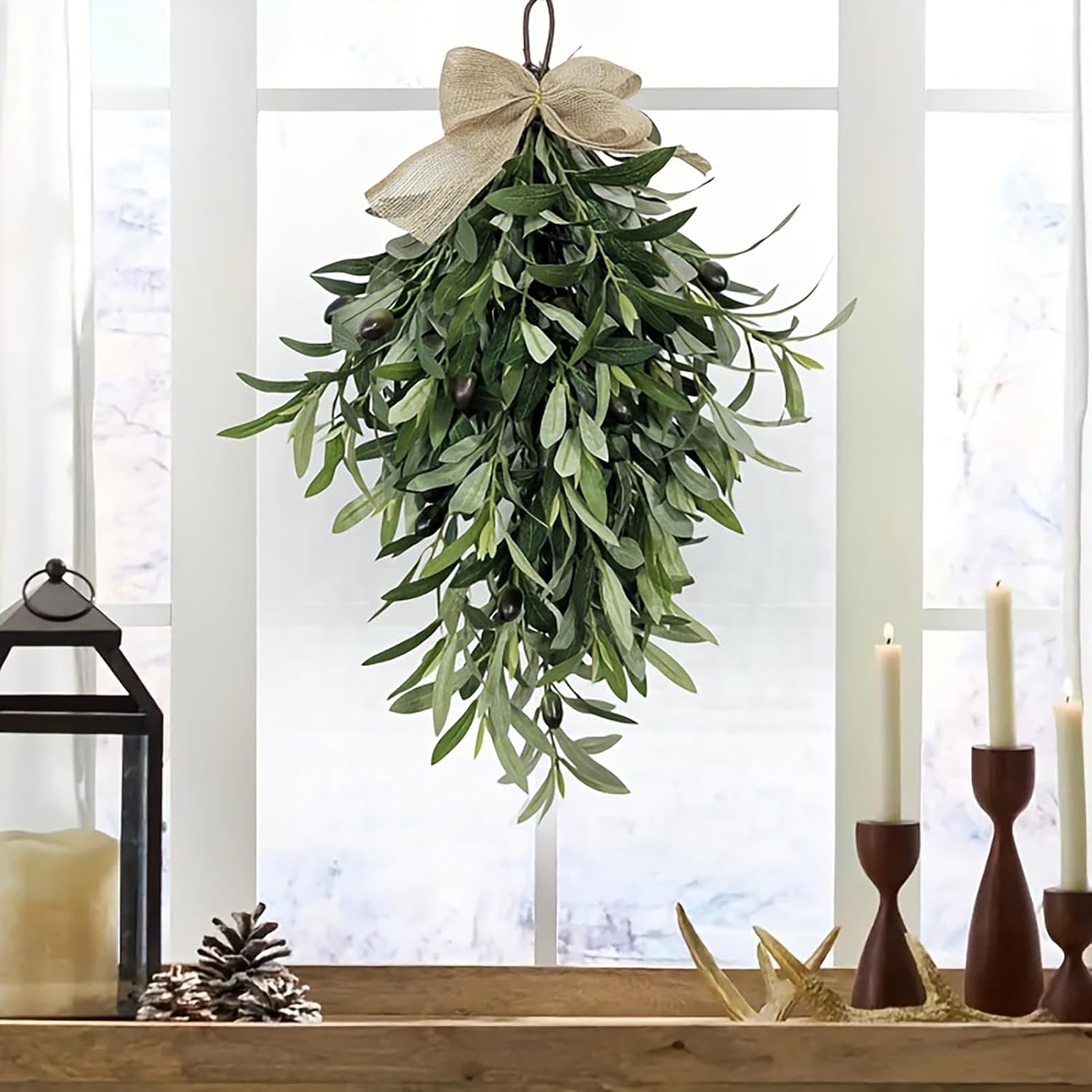 Firlar Artificial Olive Teardrop Swag 236 Inch Wreath for Front Door Bow Decor