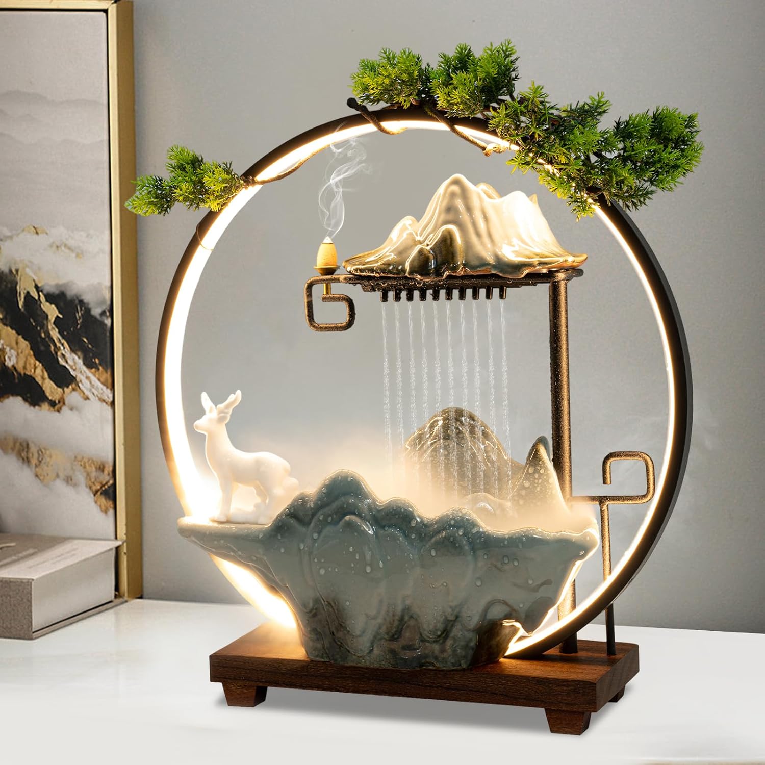 Ceramic Tabletop Water Fountain with Incense Holder and LED Light