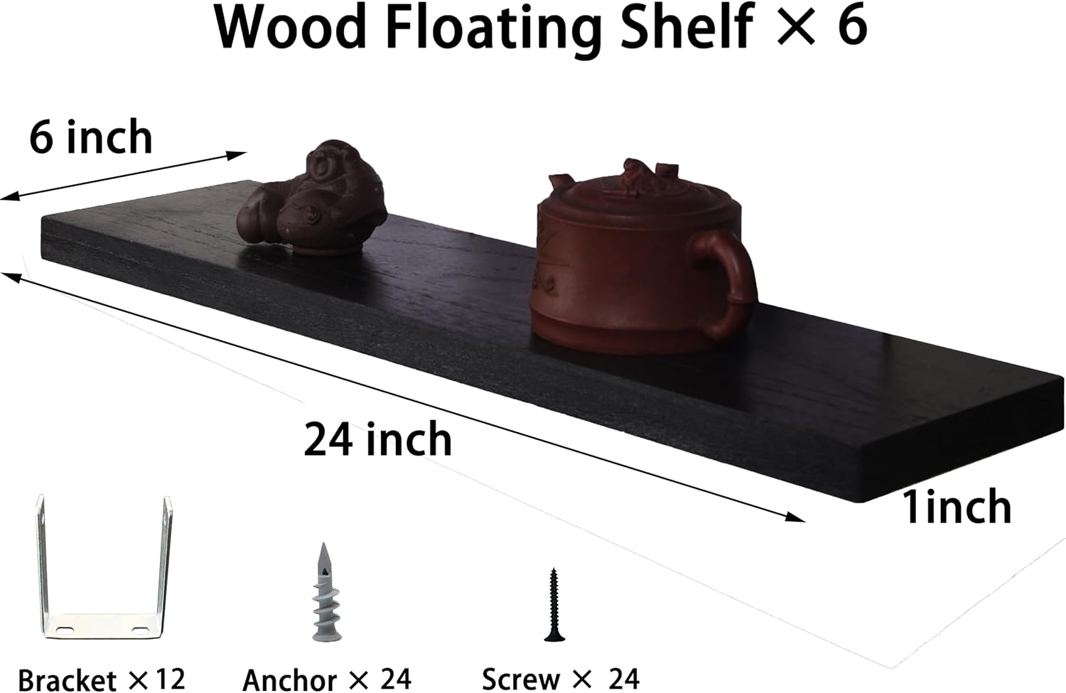 Wood Floating Shelves Set of 6 Black 24 Inch