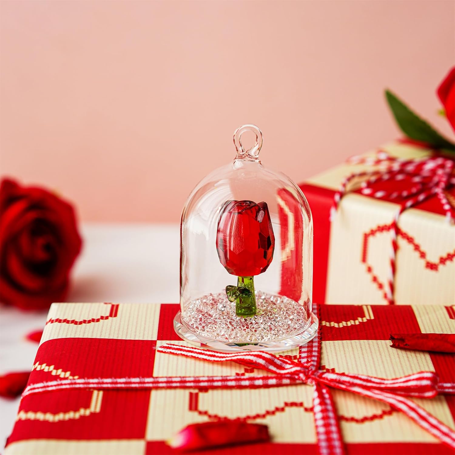 HD Crystal Rose Flower Figurine in Glass Dome