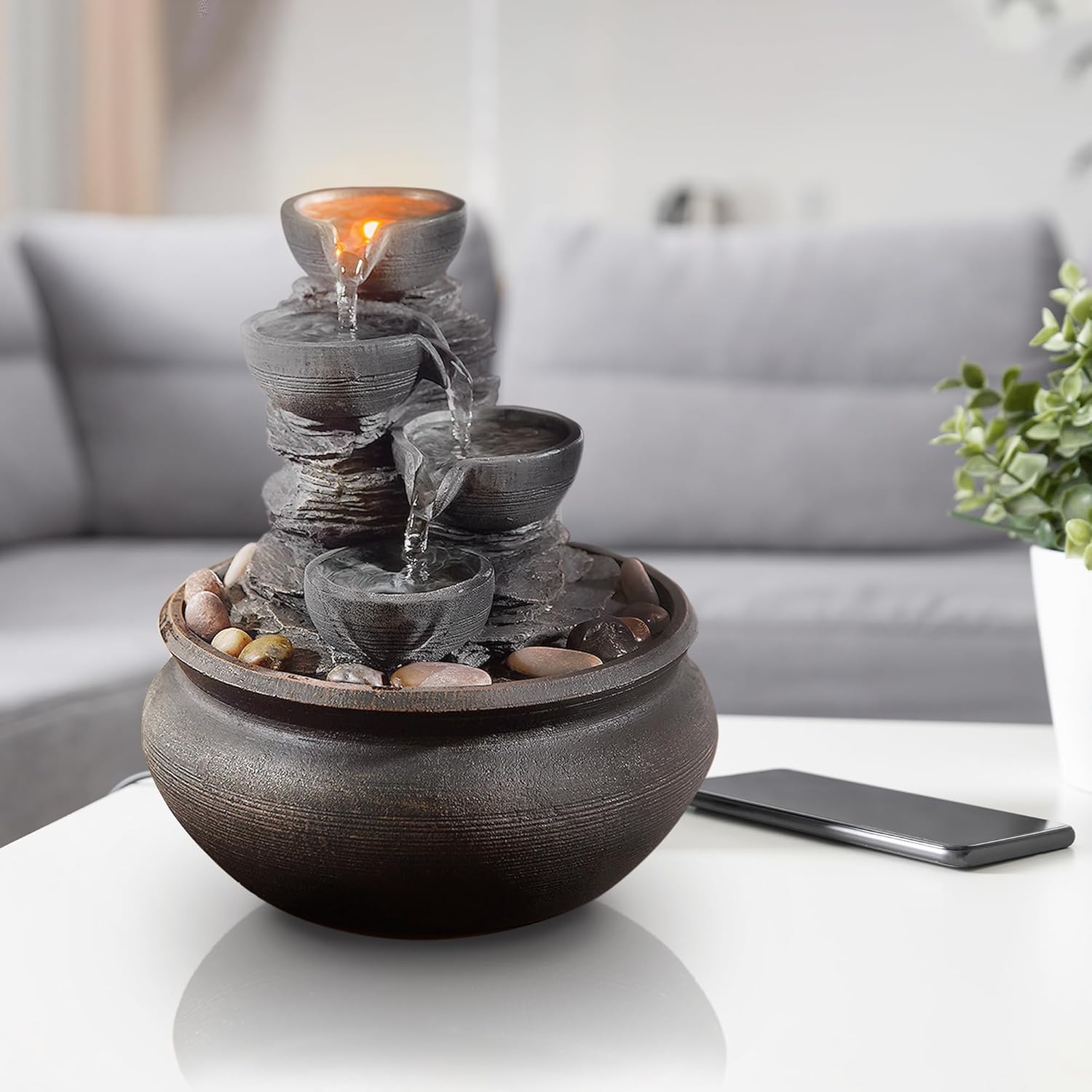 Teamson Home Indoor Tabletop Zen Waterfall Fountain with LED Lights and Pump Stone Gray