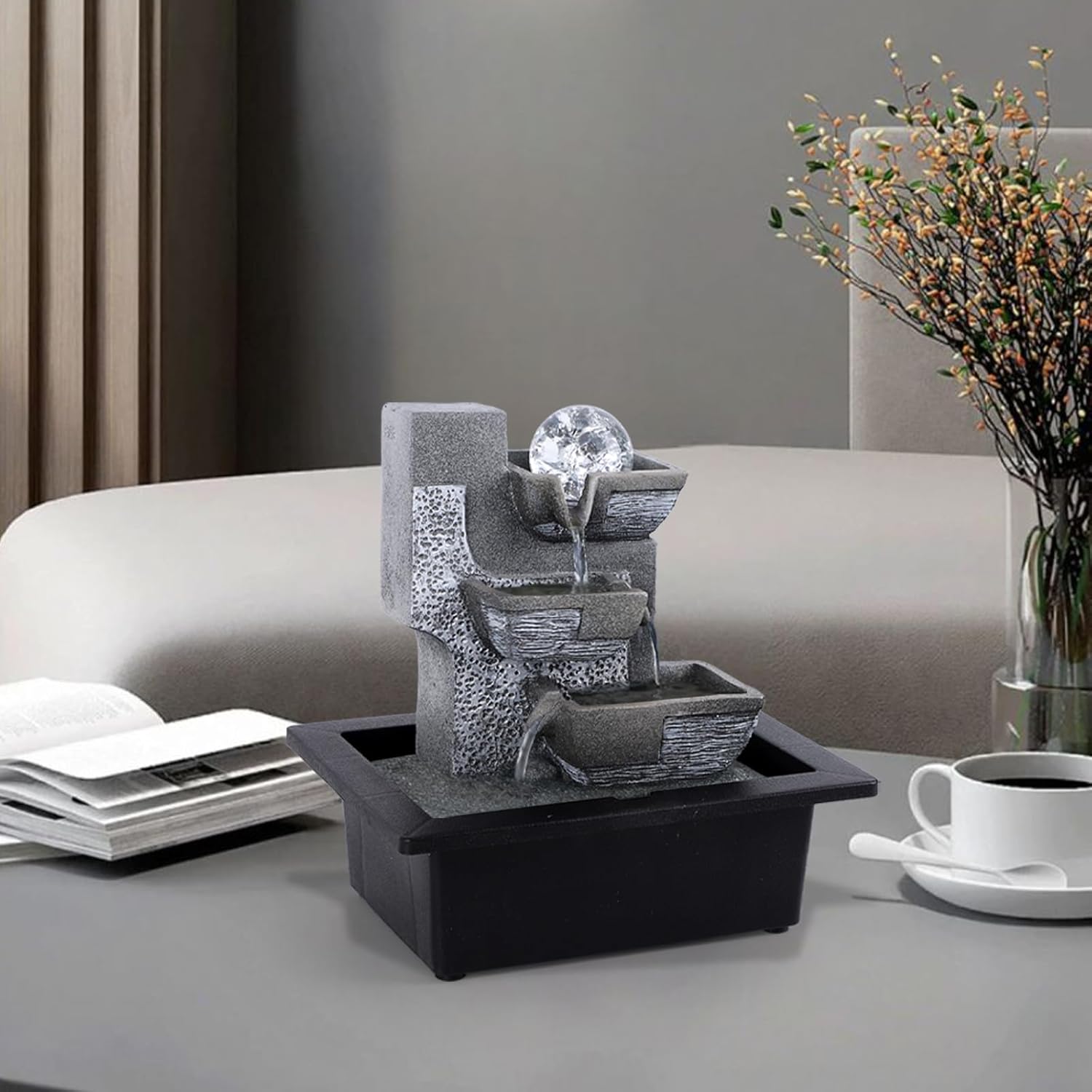 Tabletop Waterfall Indoor Fountain with LED Light 3 Tier