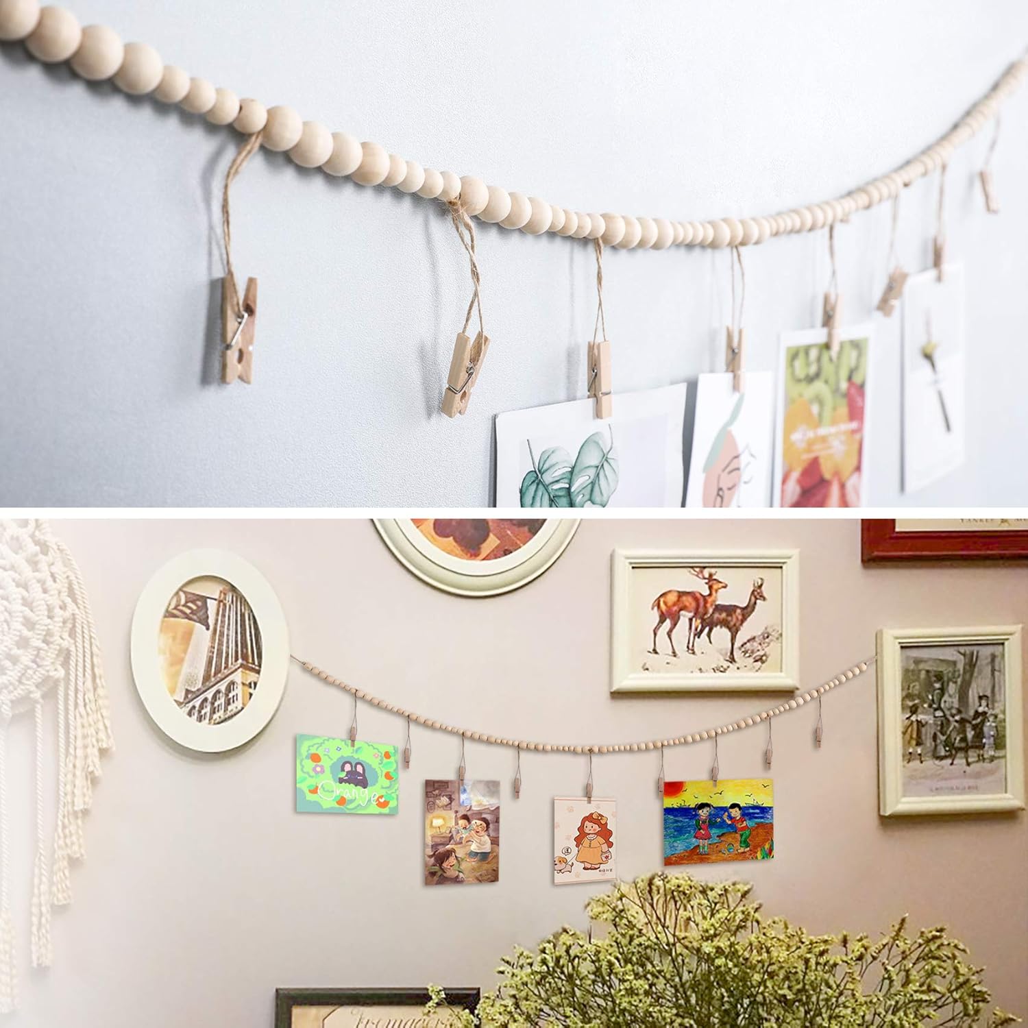 2PCS Wall Hanging Photo Display with Wooden Beads Garland and 9 Wood Clips
