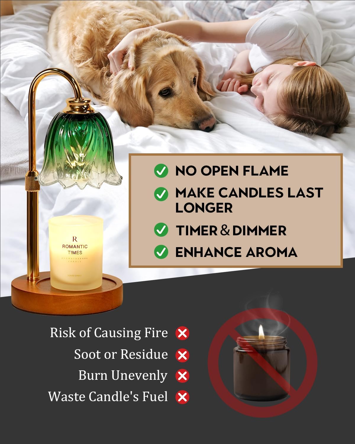 Gold Candle Lamp Warmer with Timer and Dimmer 2 Bulbs Adjustable Height