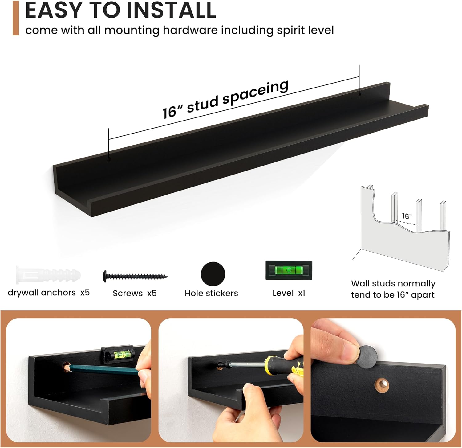 Fun Memories Floating Shelves Set of 2 32 Inch Black Rustic Wall Mounted Picture Ledge Storage