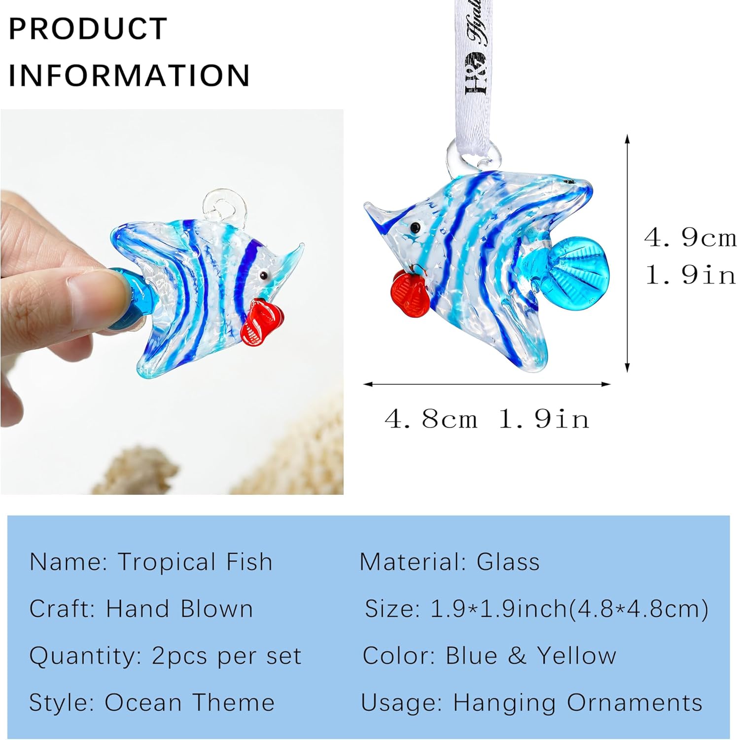 Set of 2 Blown Glass Tropical Fish Decorative Ornaments for Christmas Tree and Holiday Home Decor