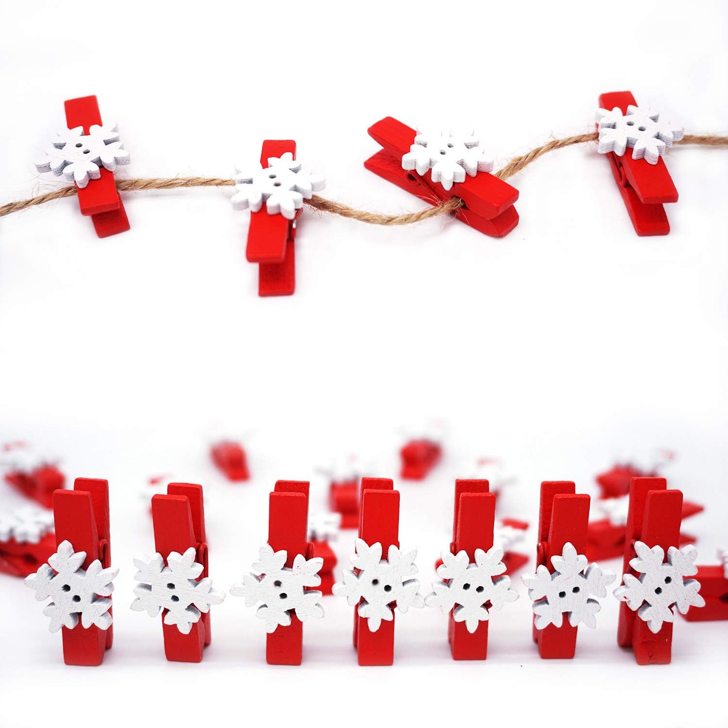 50PCS Christmas Wooden Photo Clips with Jute Twine for Cards and Crafts