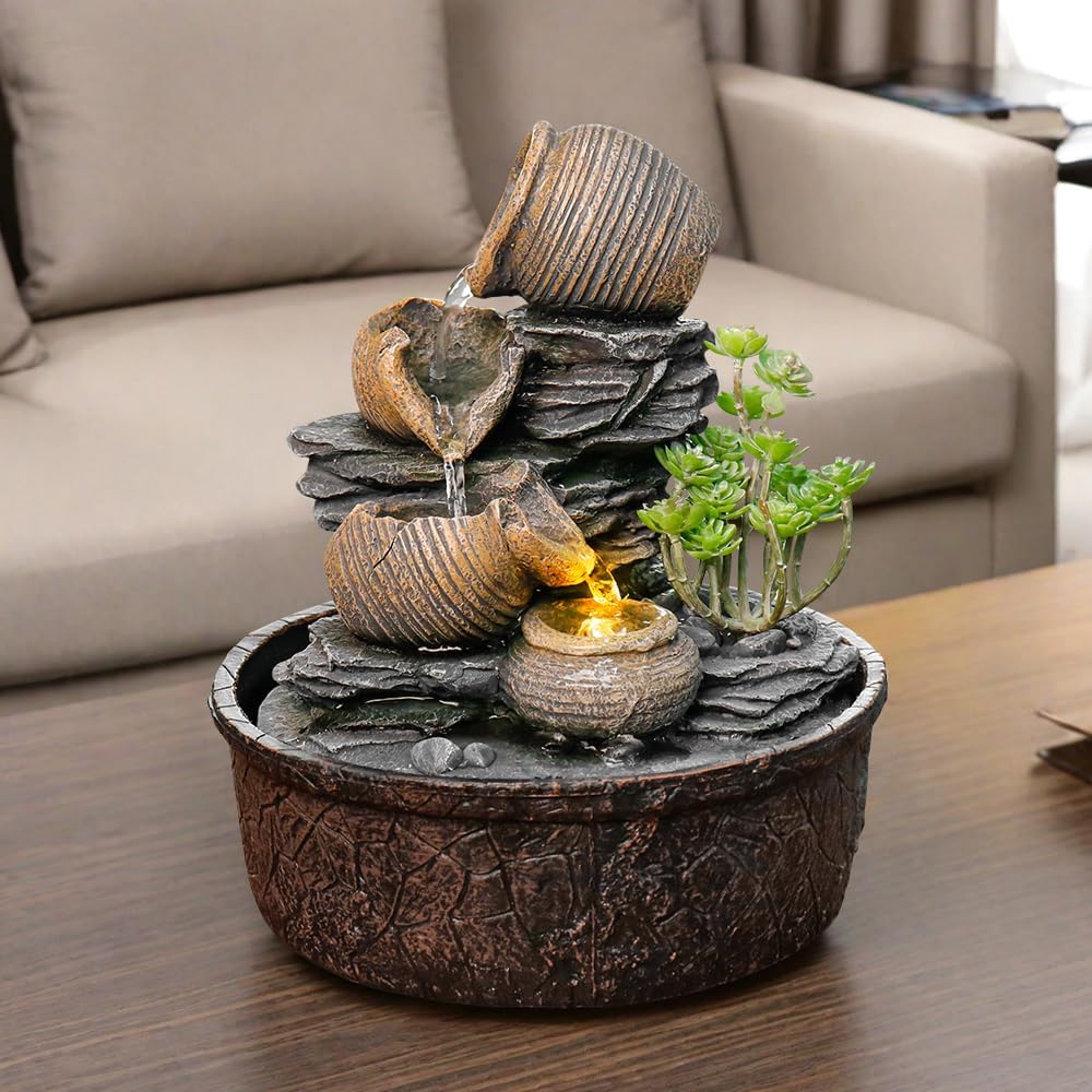 Pottery Rock Tabletop Fountain with LED Lights