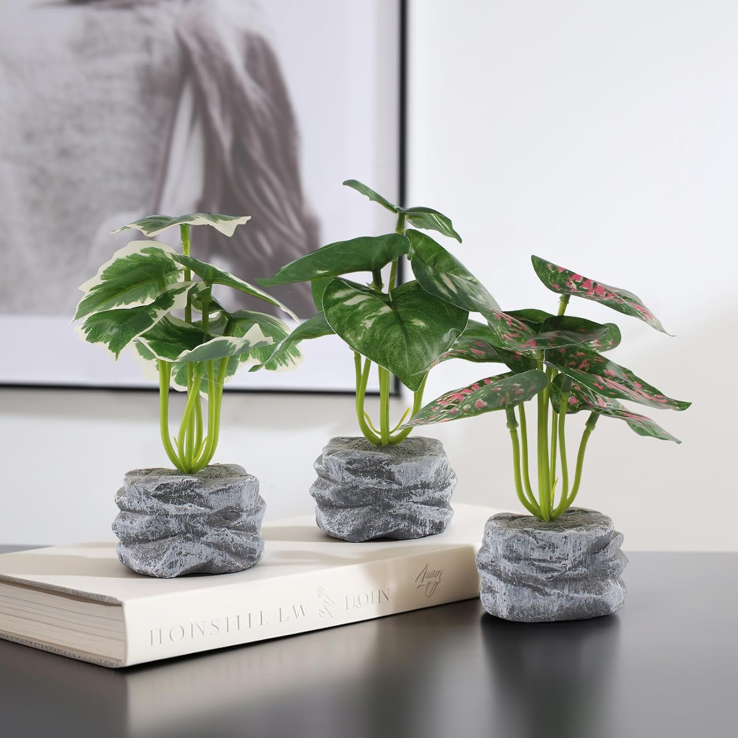 4Pcs Artificial Plants Mini Potted Lifelike Faux Greenery Cement Vase Decor